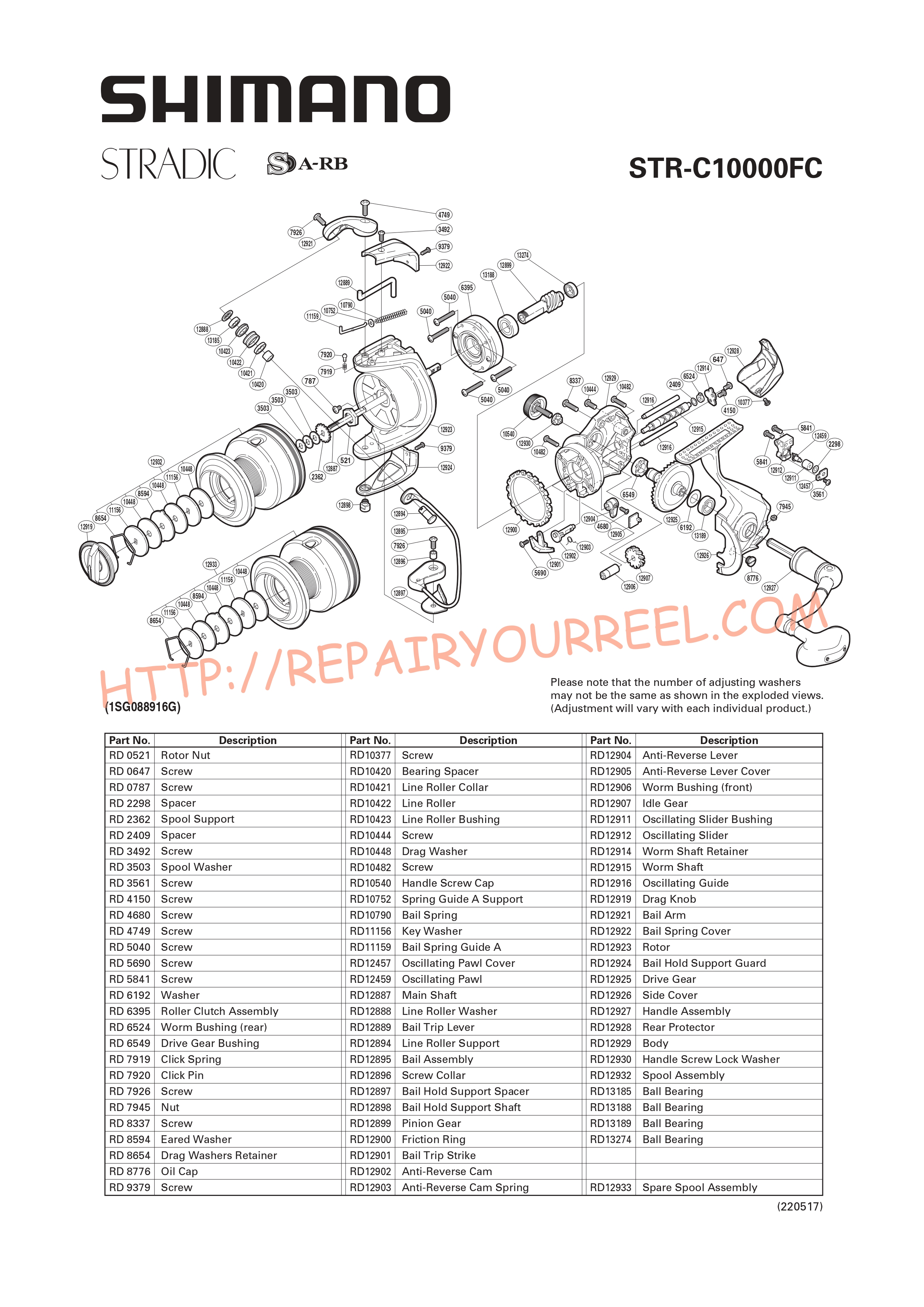 Exploded view of Shimano STRADIC C10000FC (2009)