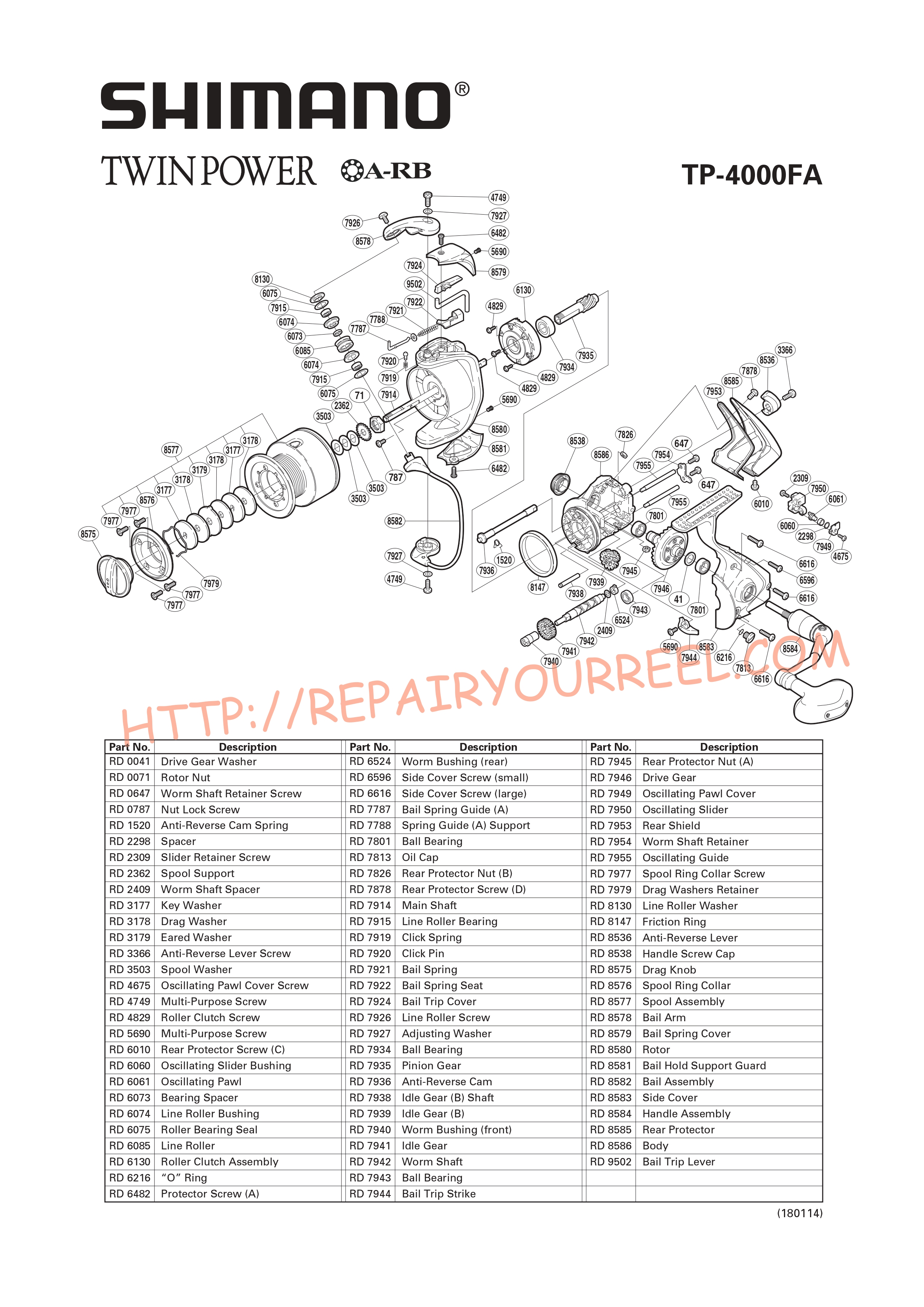 Exploded view of Shimano TWINPOWER 4000FA (2003)