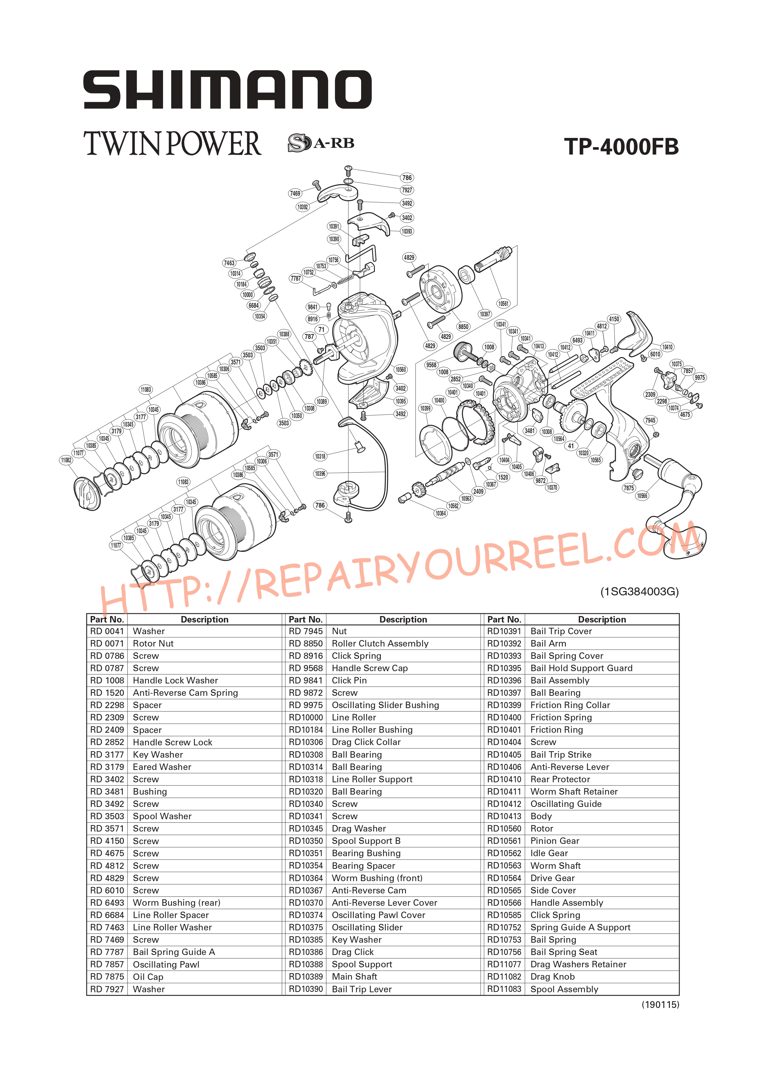 Exploded view of Shimano TWINPOWER 4000FB (2006)