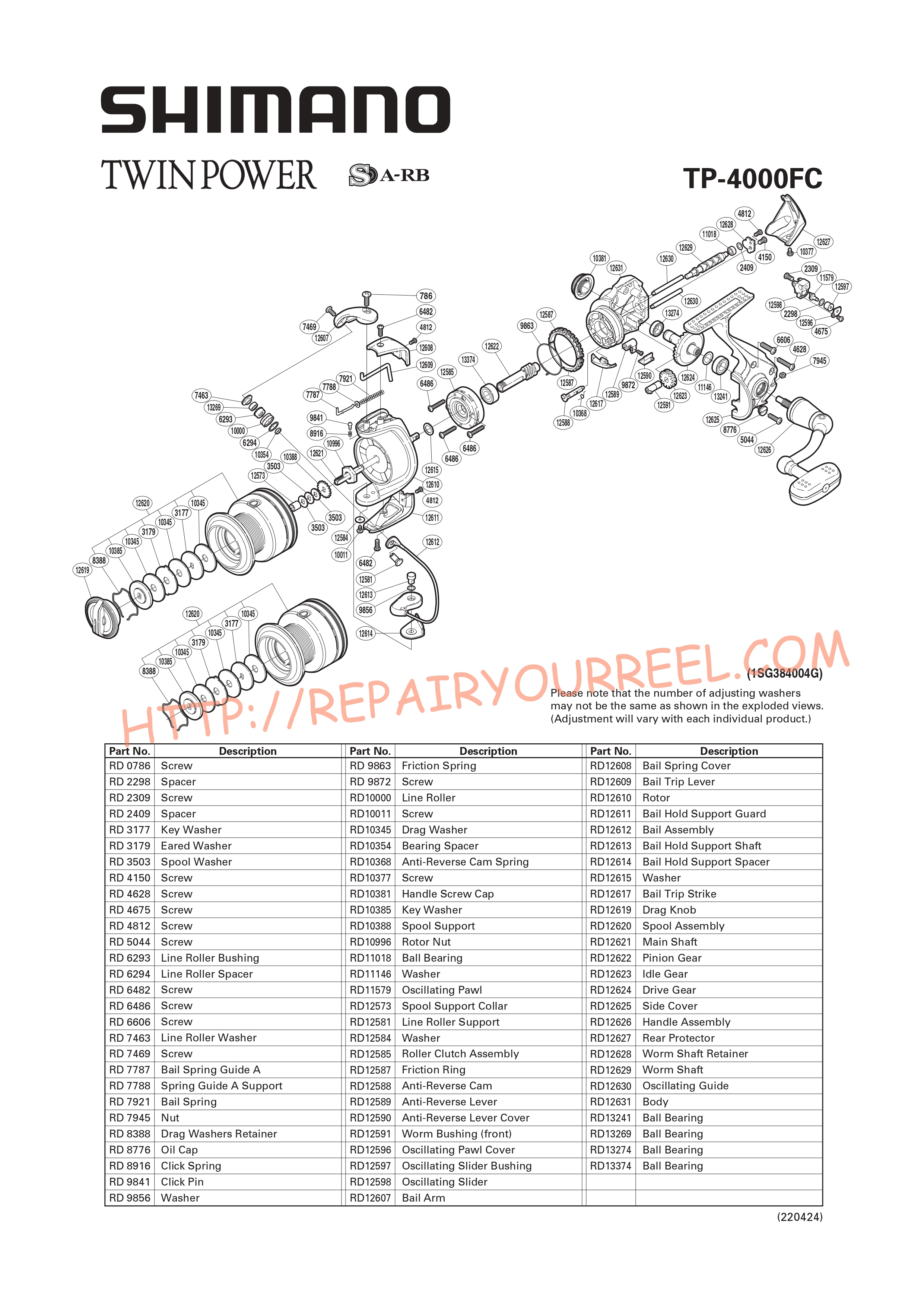 Exploded view of Shimano TWINPOWER 4000FC (2009)