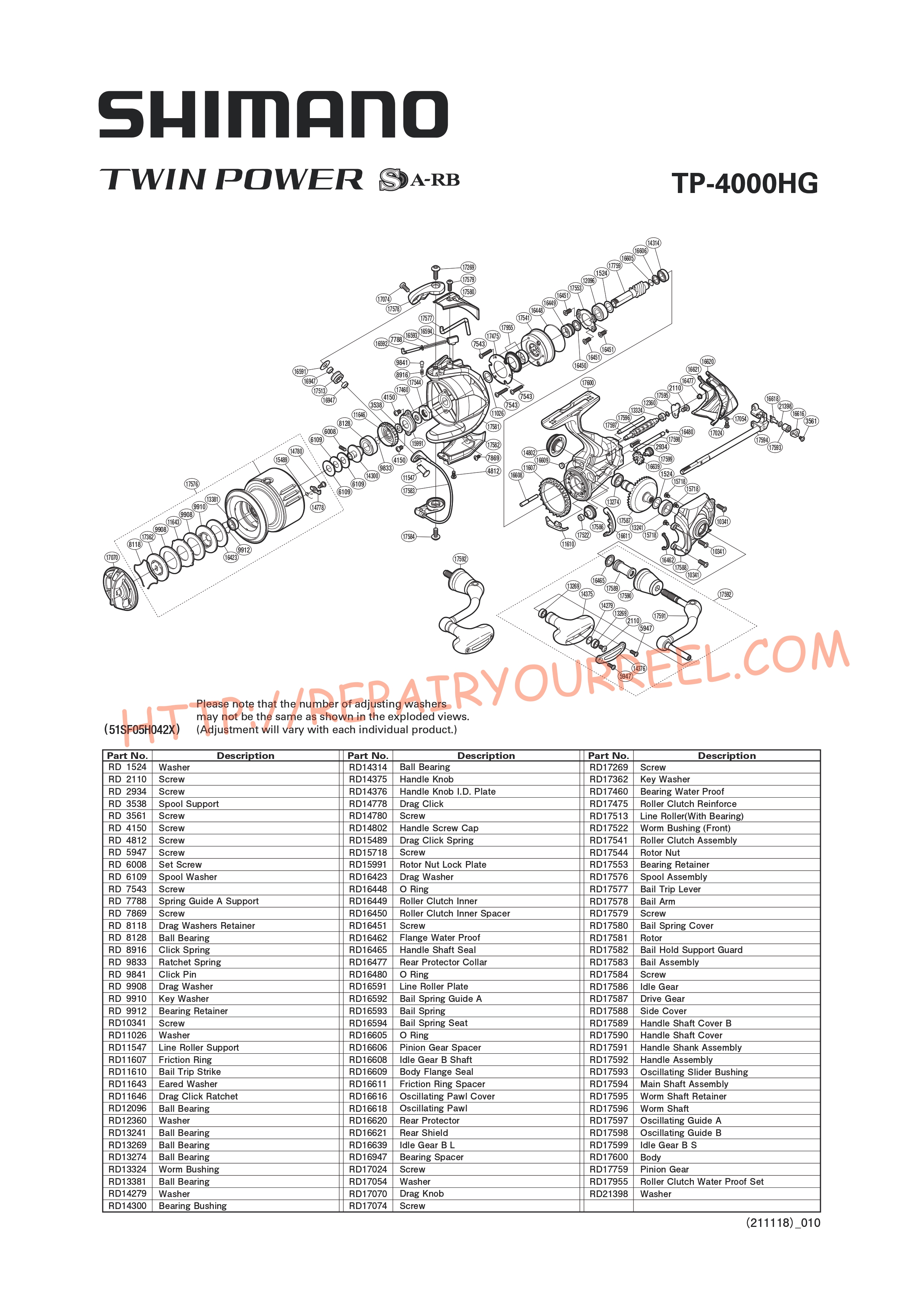 Exploded view of Shimano TWINPOWER 4000HG (2016)