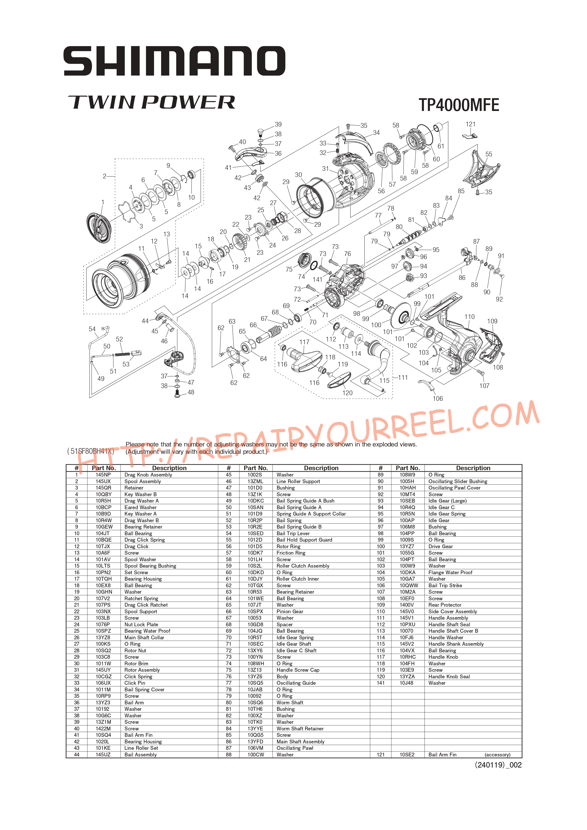 Exploded view of Shimano TWINPOWER 4000MFE (2024)