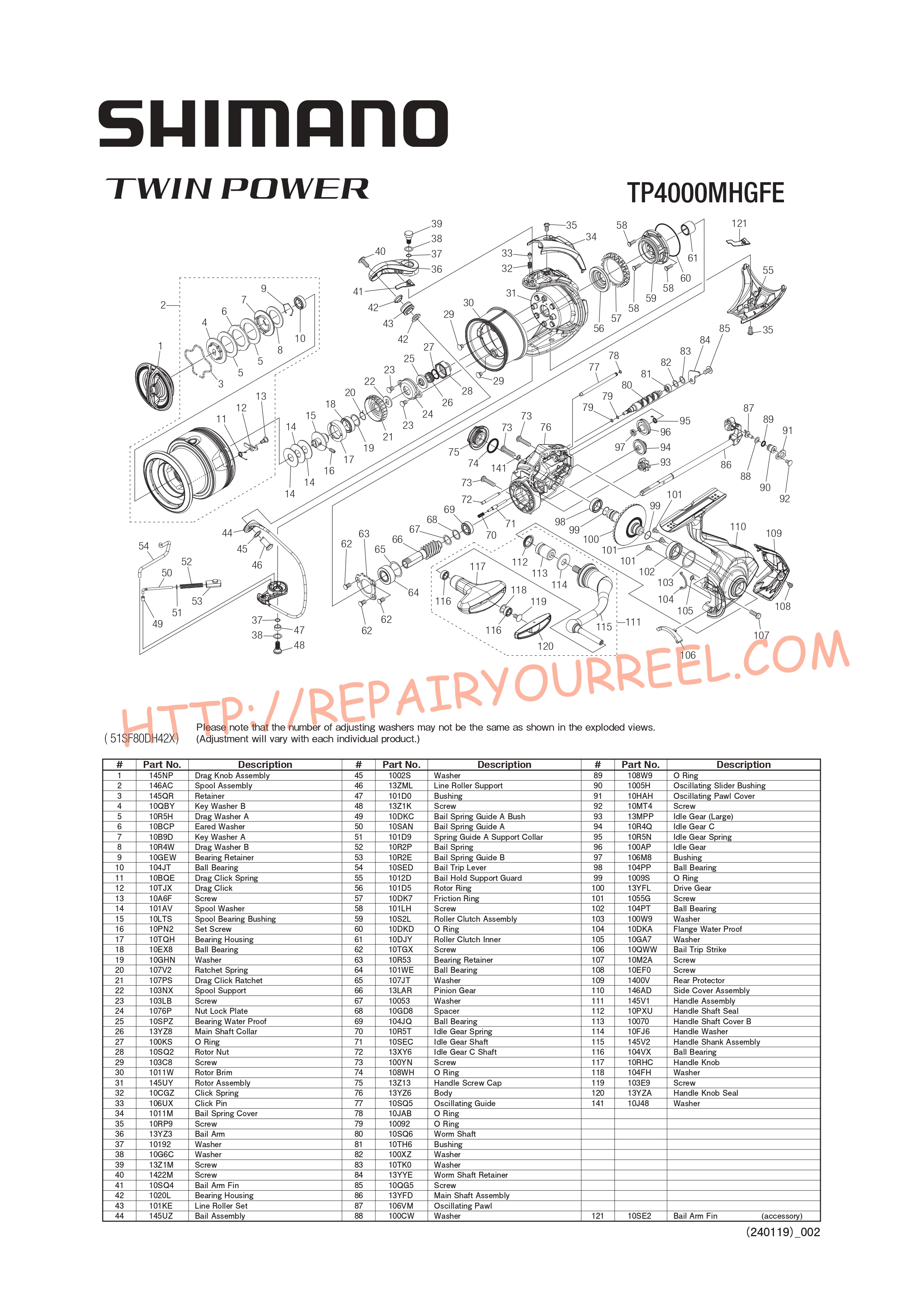 Exploded view of Shimano TWINPOWER 4000MHGFE (2024)
