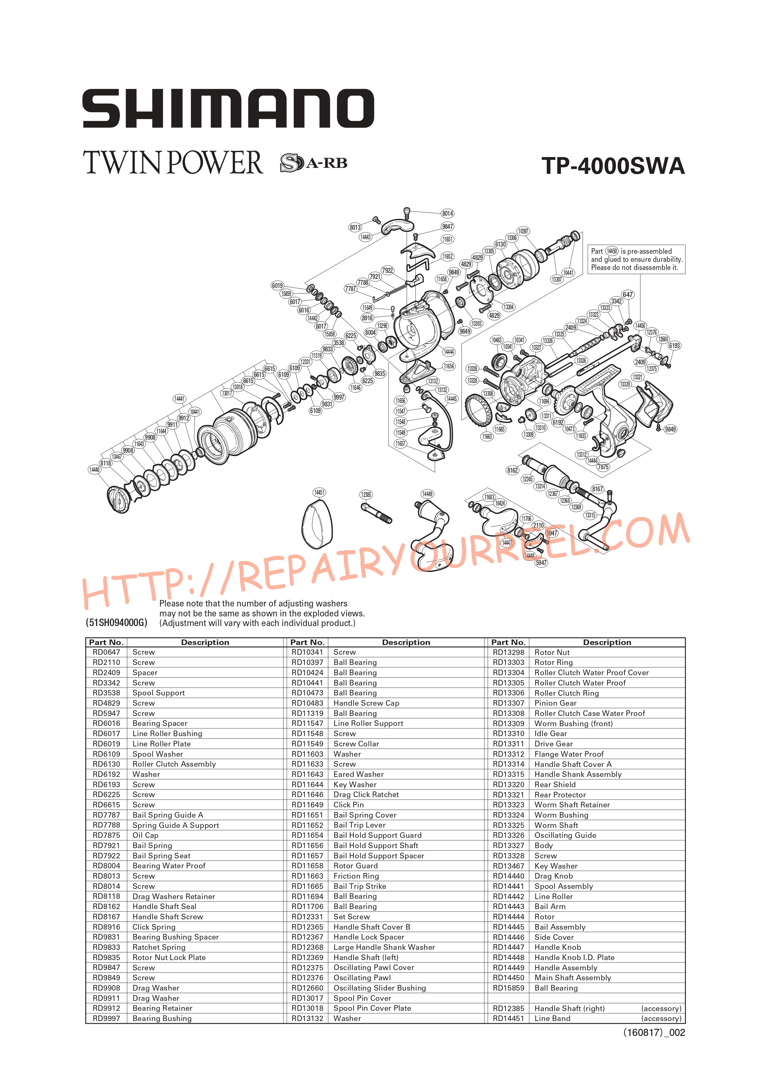 Exploded view of Shimano TWINPOWER 4000SWA (2010)