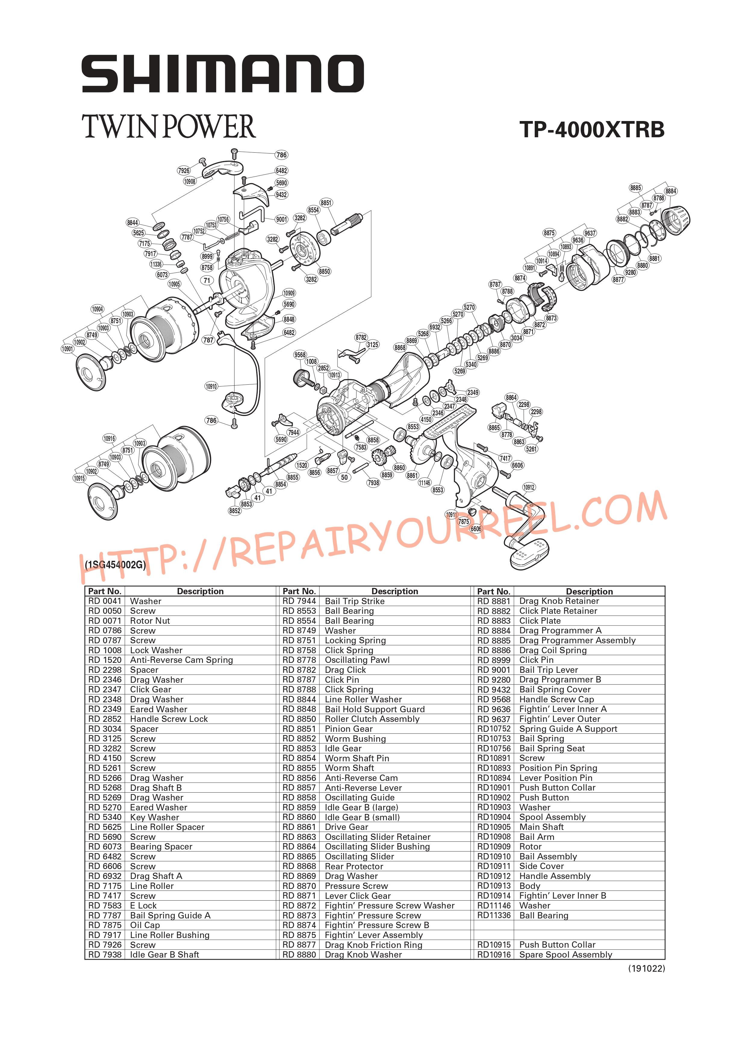 Exploded view of Shimano TWINPOWER 4000XTRB (2007)