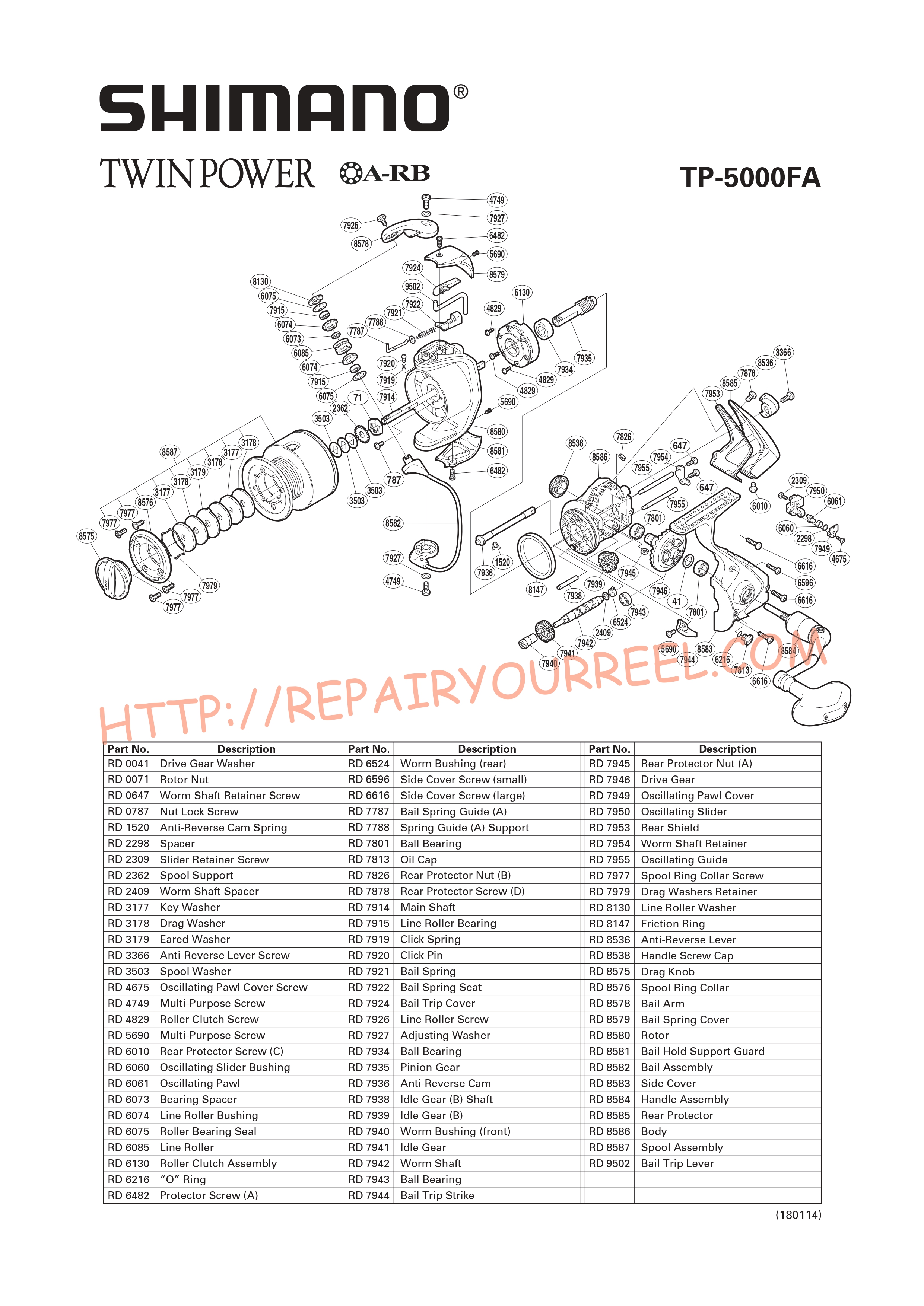 Exploded view of Shimano TWINPOWER 5000FA (2003)