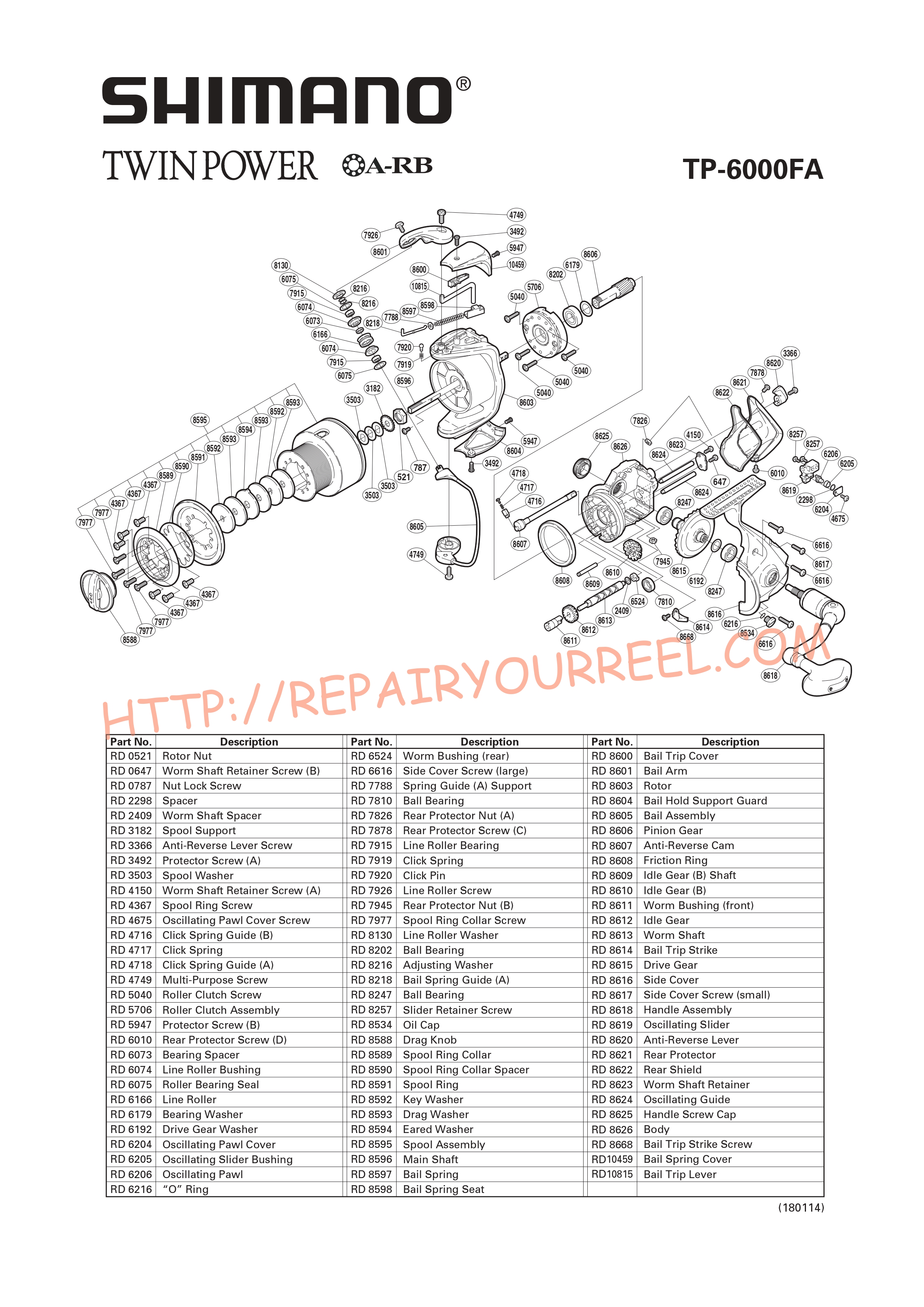 Exploded view of Shimano TWINPOWER 6000FA (2003)