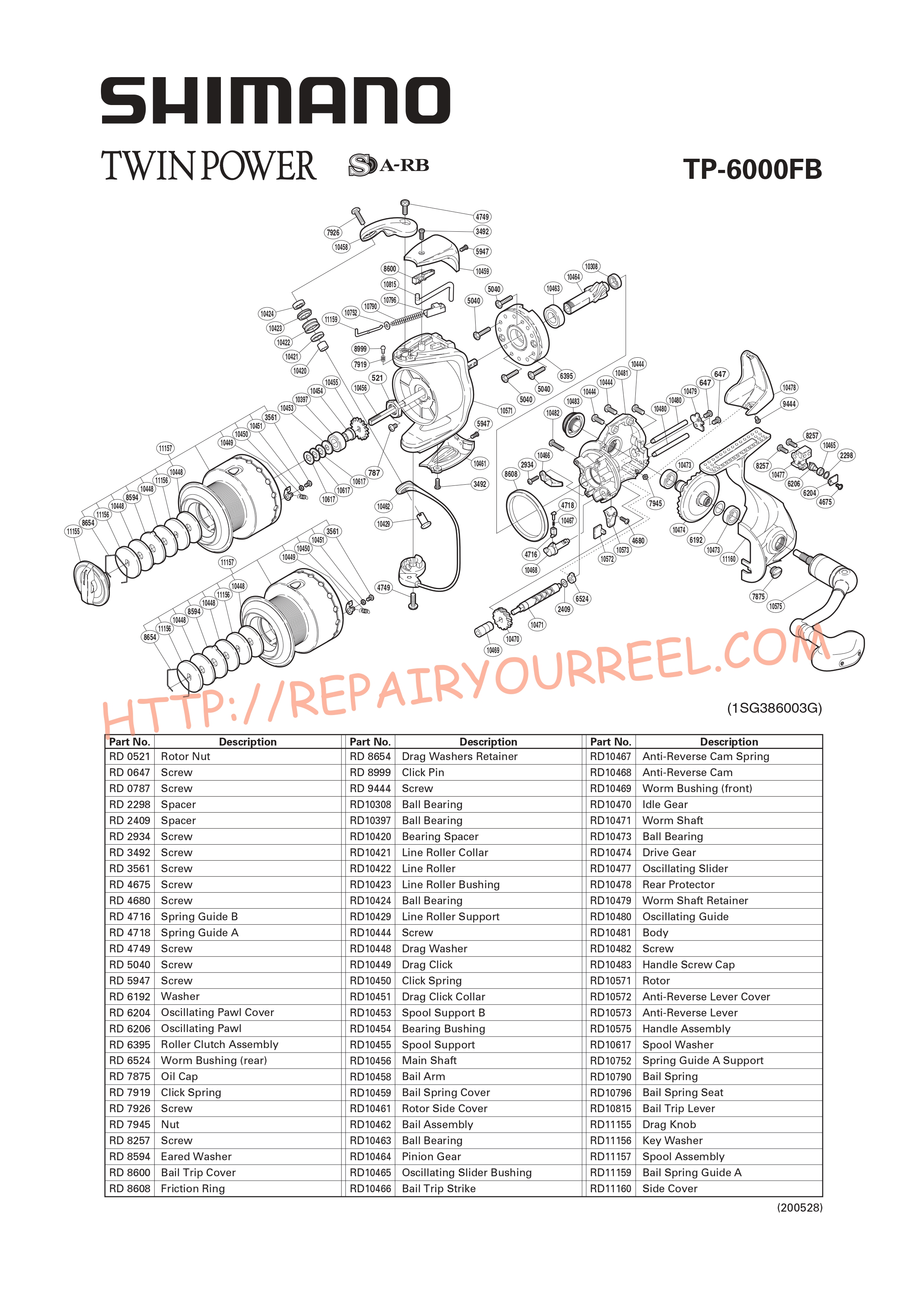 Exploded view of Shimano TWINPOWER 6000FB (2006)