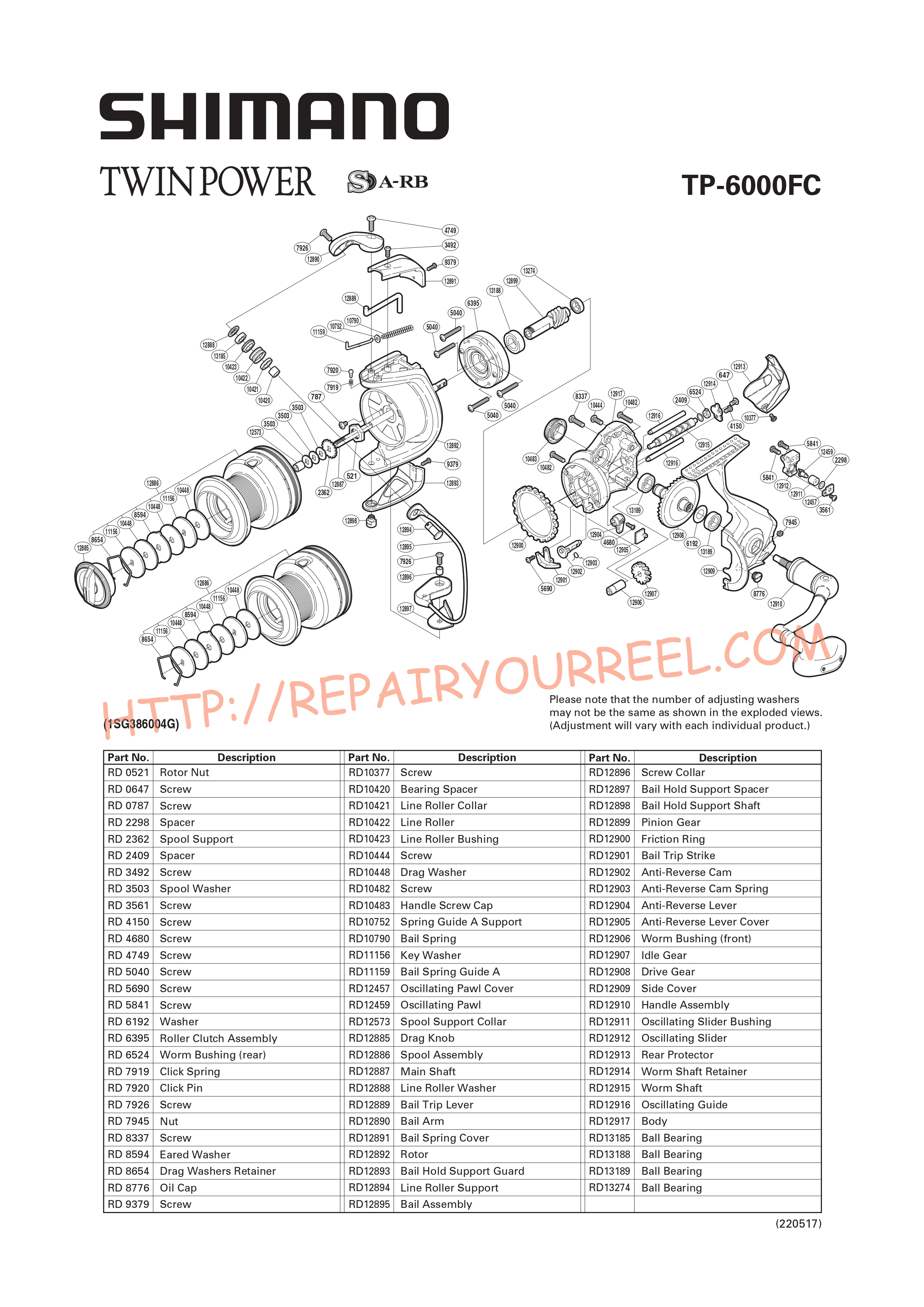 Exploded view of Shimano TWINPOWER 6000FC (2009)