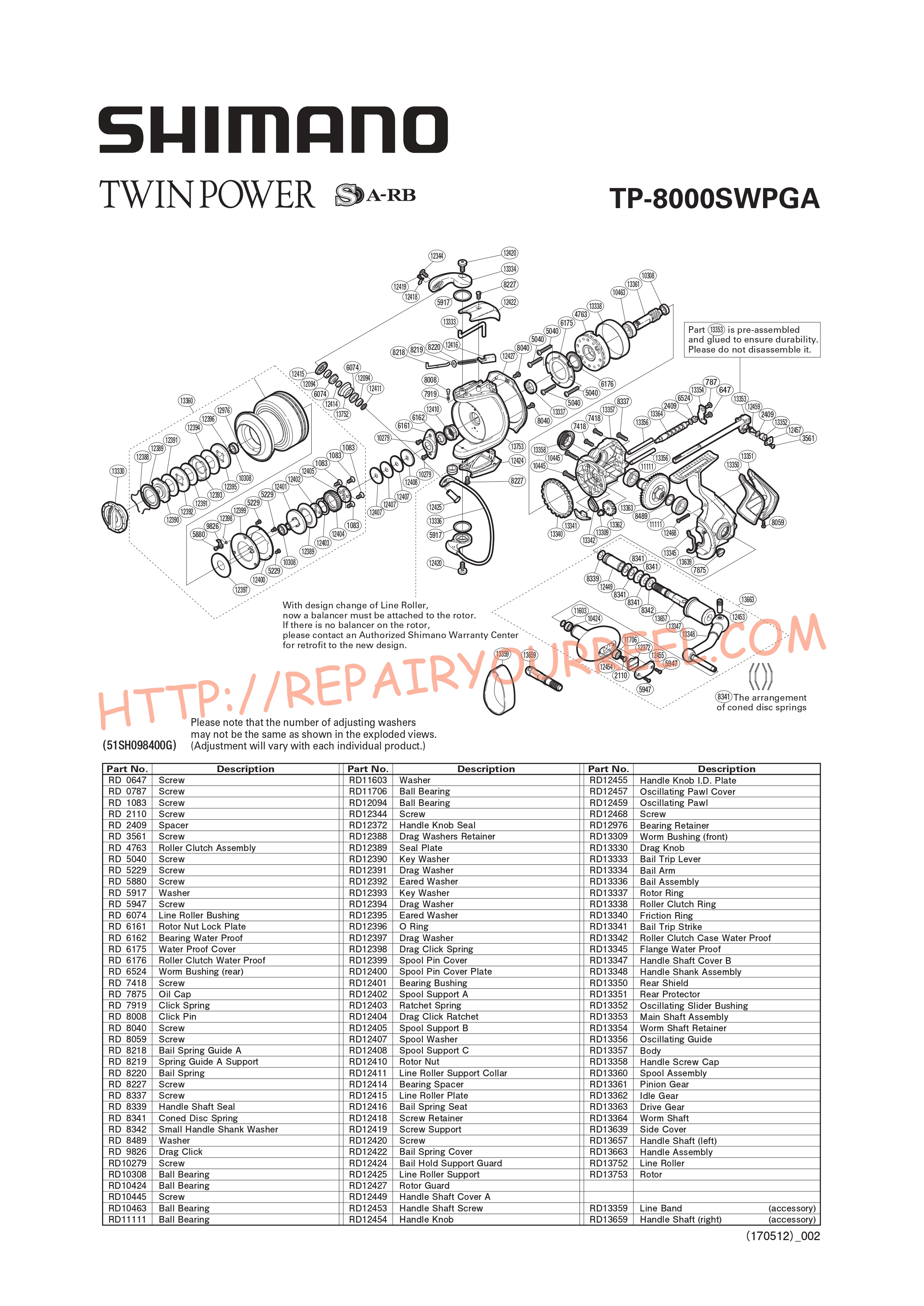Exploded view of Shimano TWINPOWER 8000PGSWA (2010)