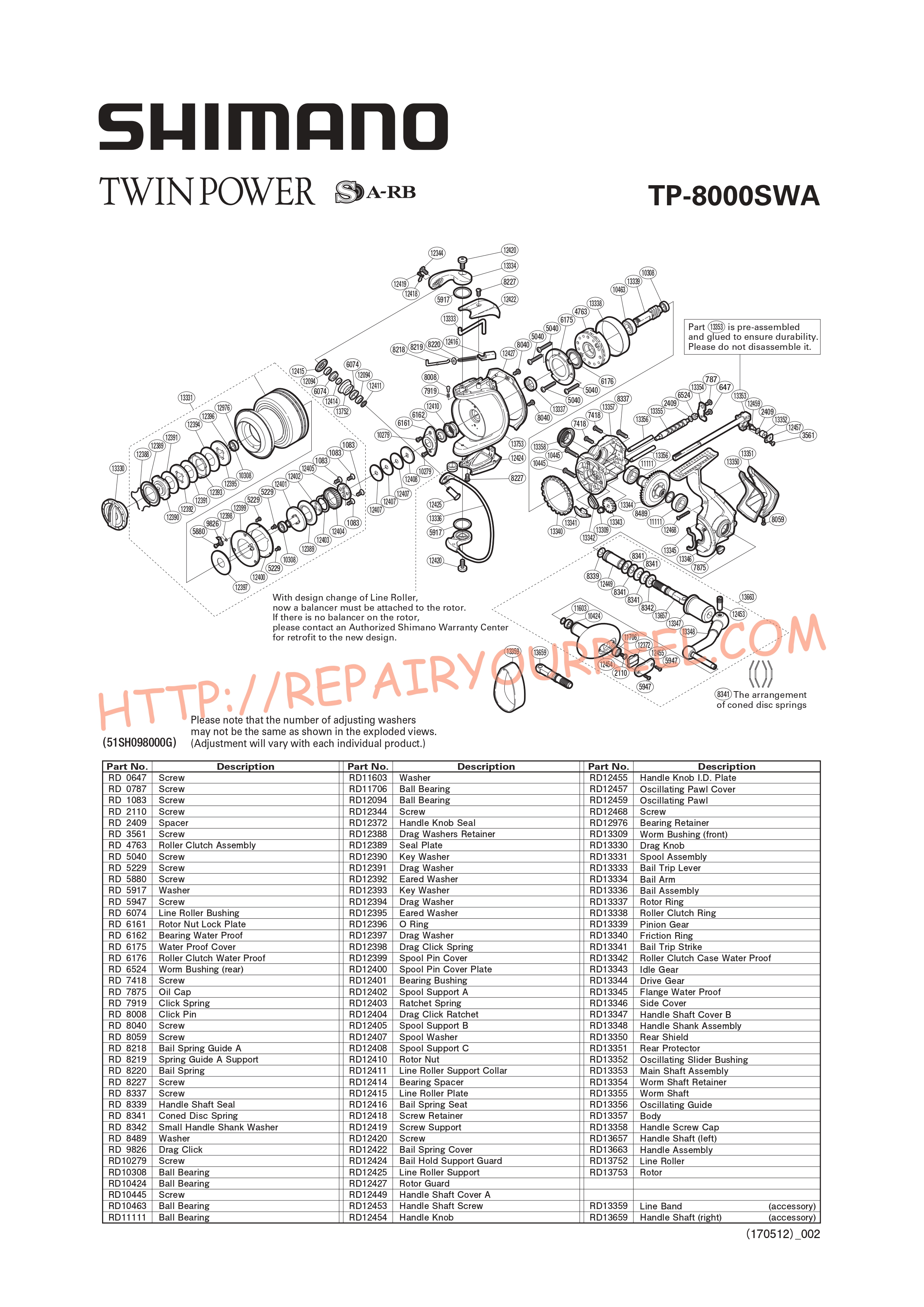 Exploded view of Shimano TWINPOWER 8000SWA (2010)