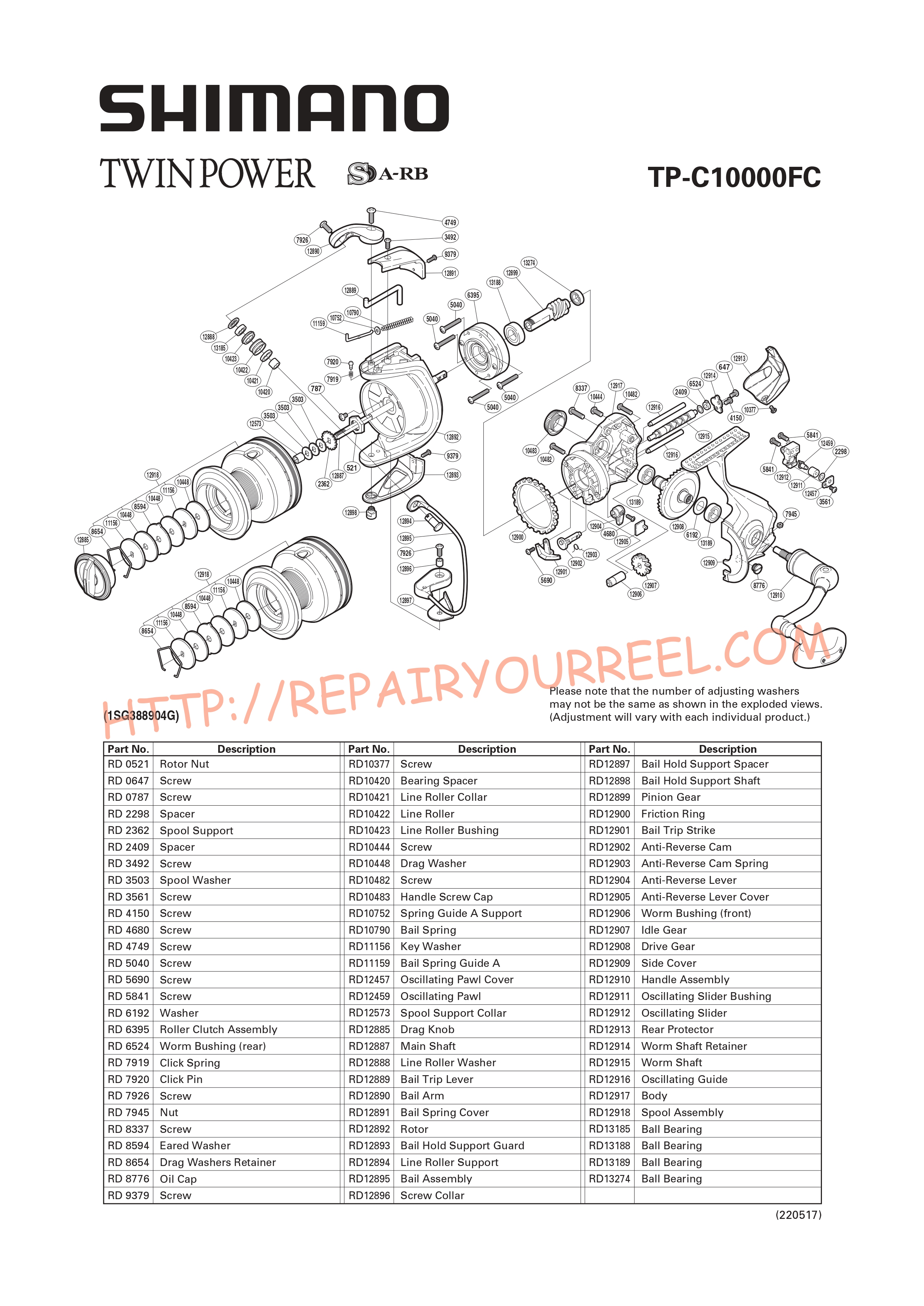 Exploded view of Shimano TWINPOWER C10000FC (2009)