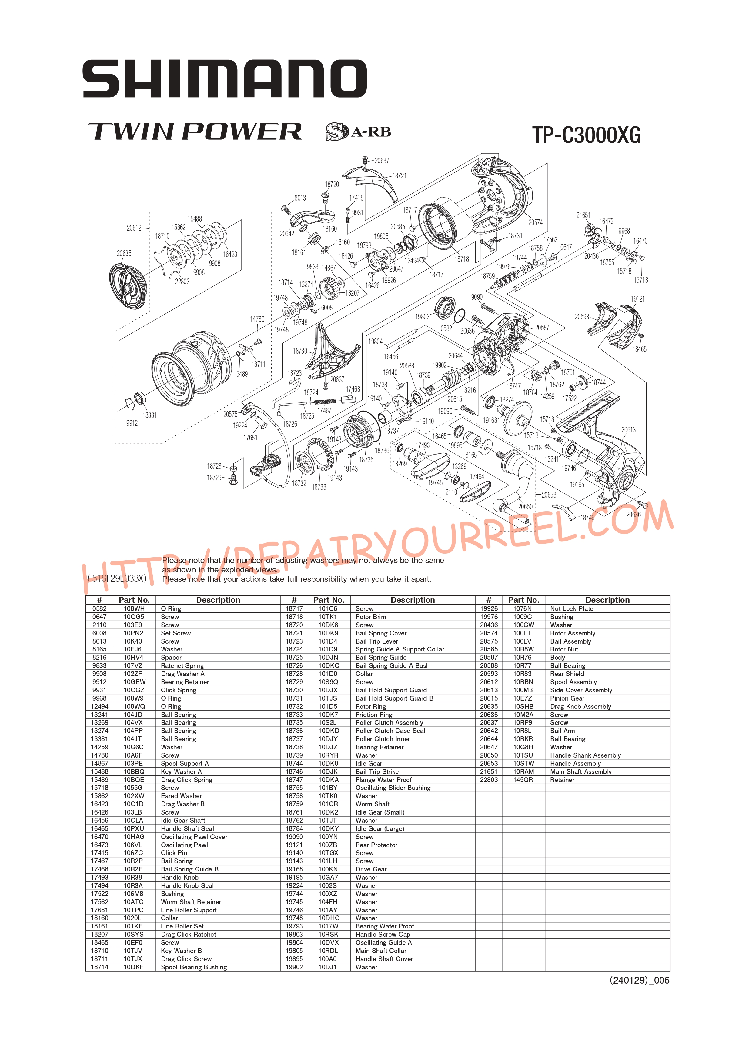 Exploded view of Shimano TWINPOWER C3000XGFD (2020)