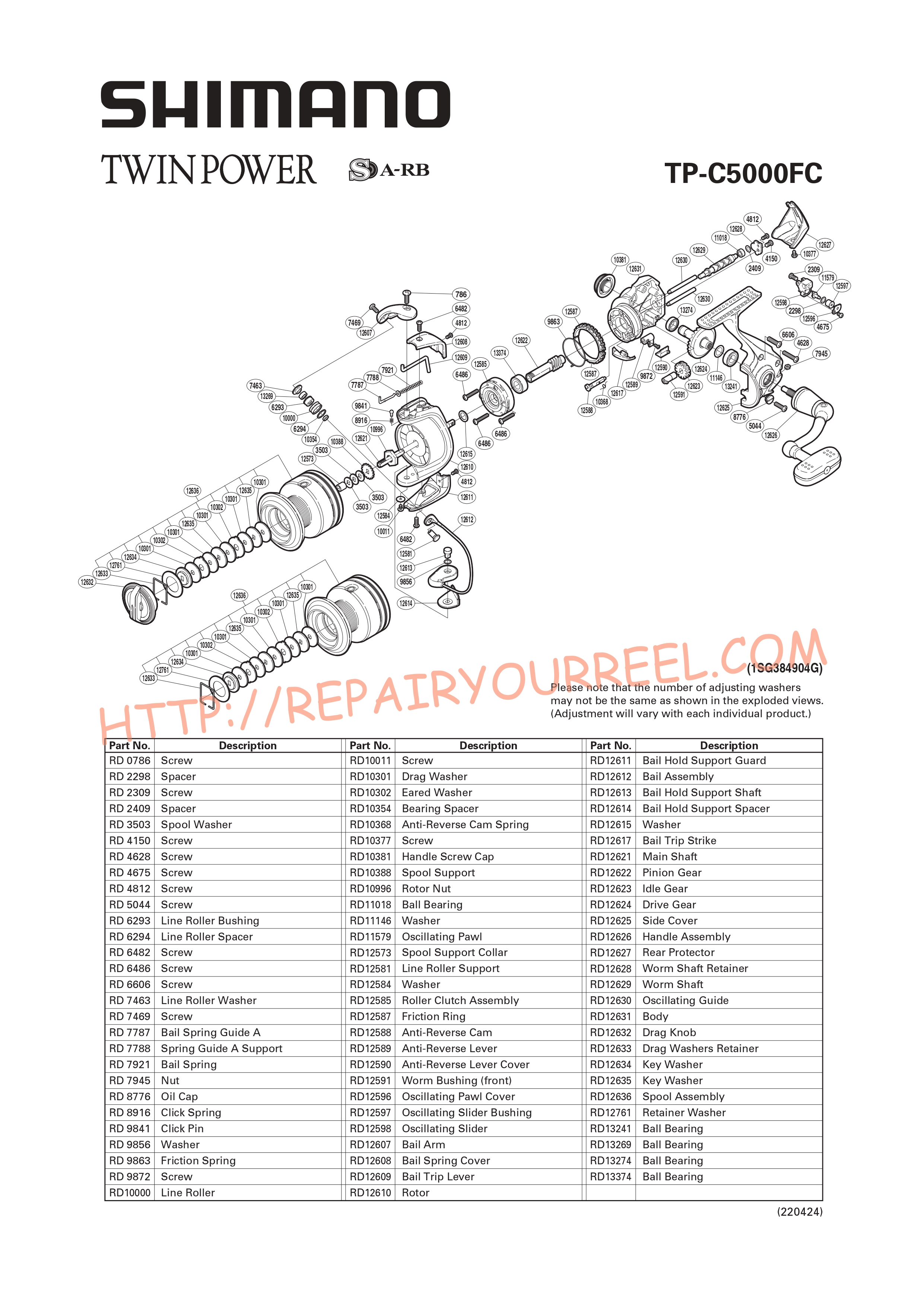 Exploded view of Shimano TWINPOWER C5000FC (2009)