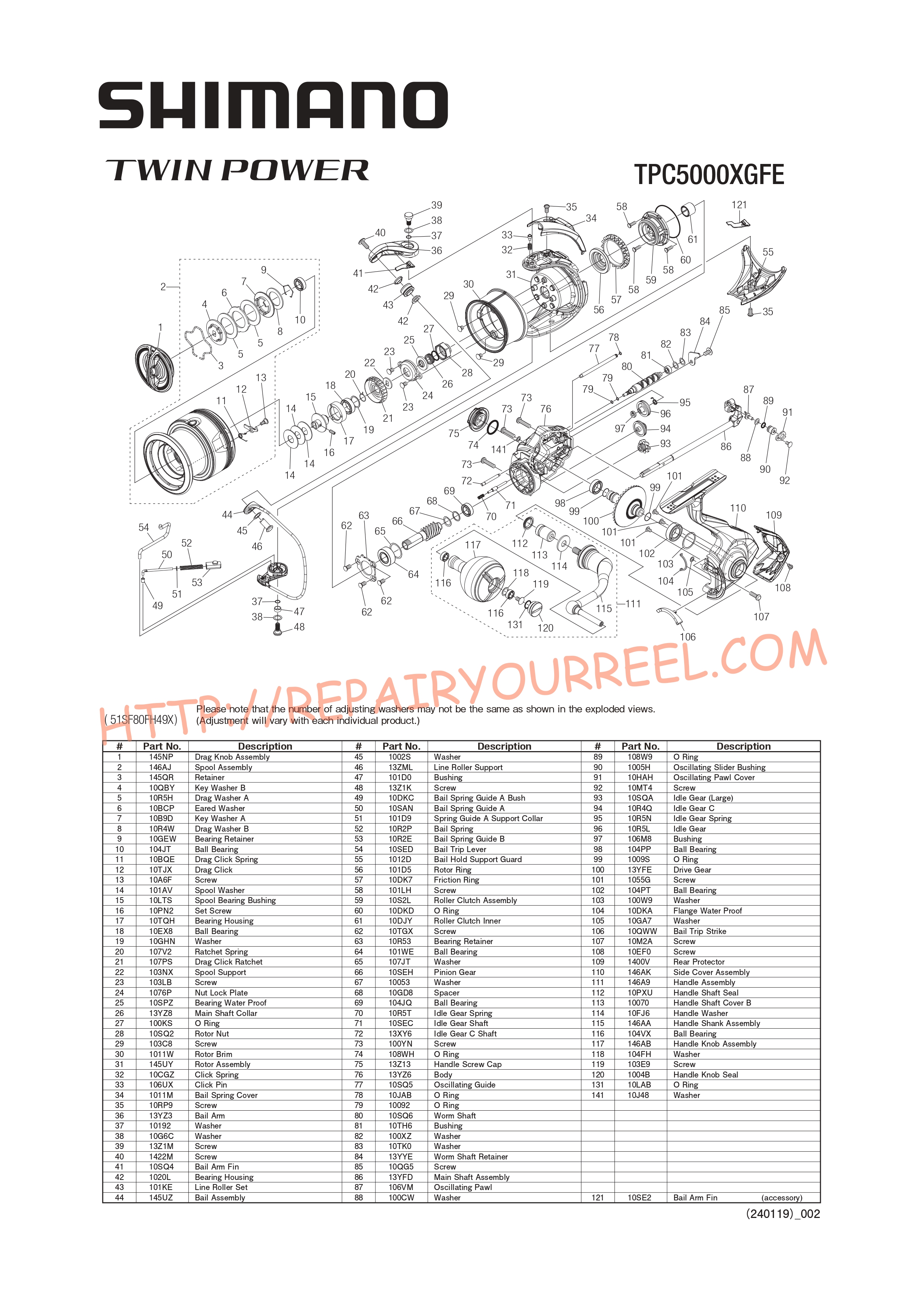 Exploded view of Shimano TWINPOWER C5000XGFE (2024)