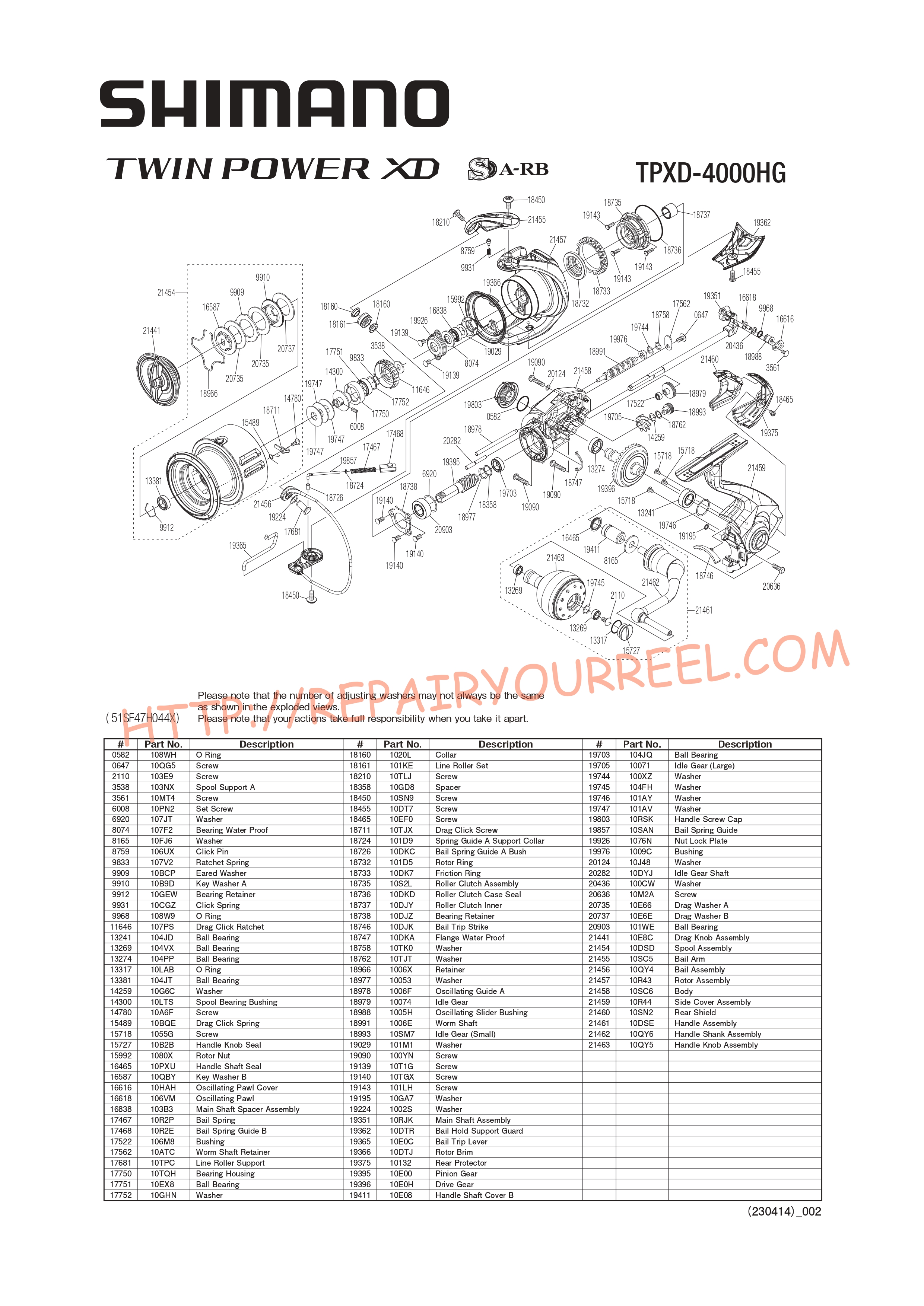 Exploded view of Shimano TWINPOWER XD4000HGFA (2021)