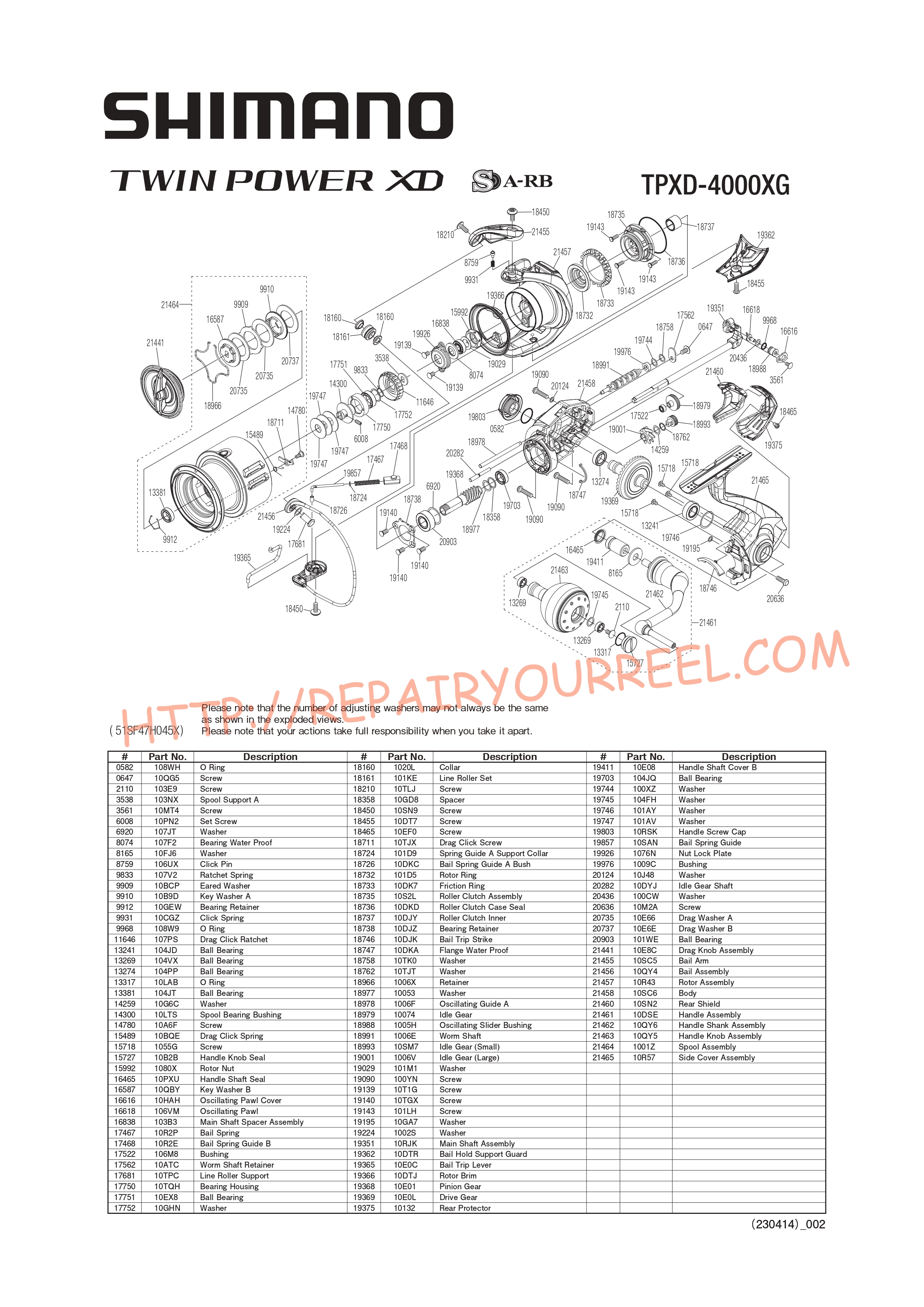 Exploded view of Shimano TWINPOWER XD4000XGFA (2021)