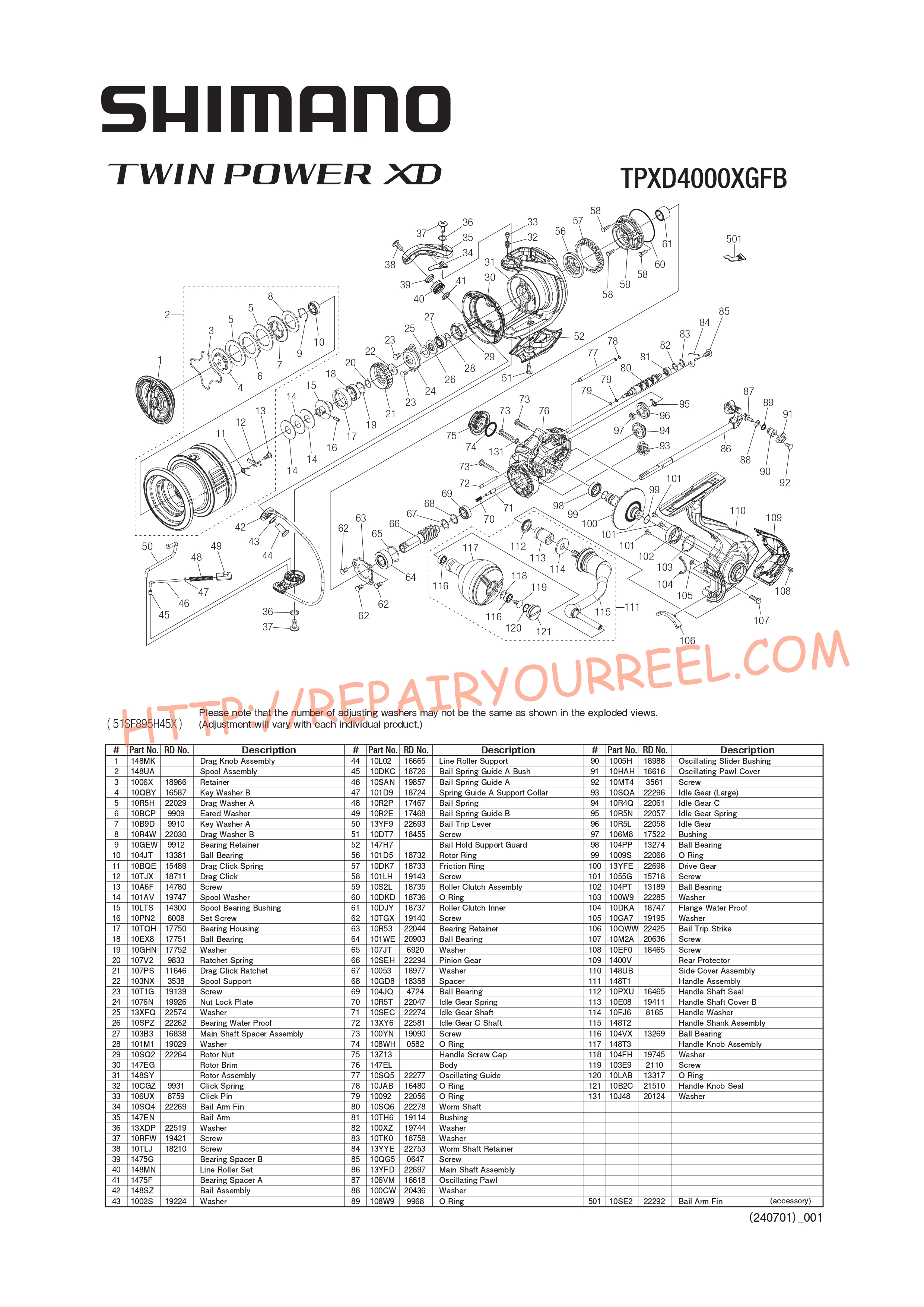 Exploded view of Shimano TWINPOWER XD4000XGFB (2025)