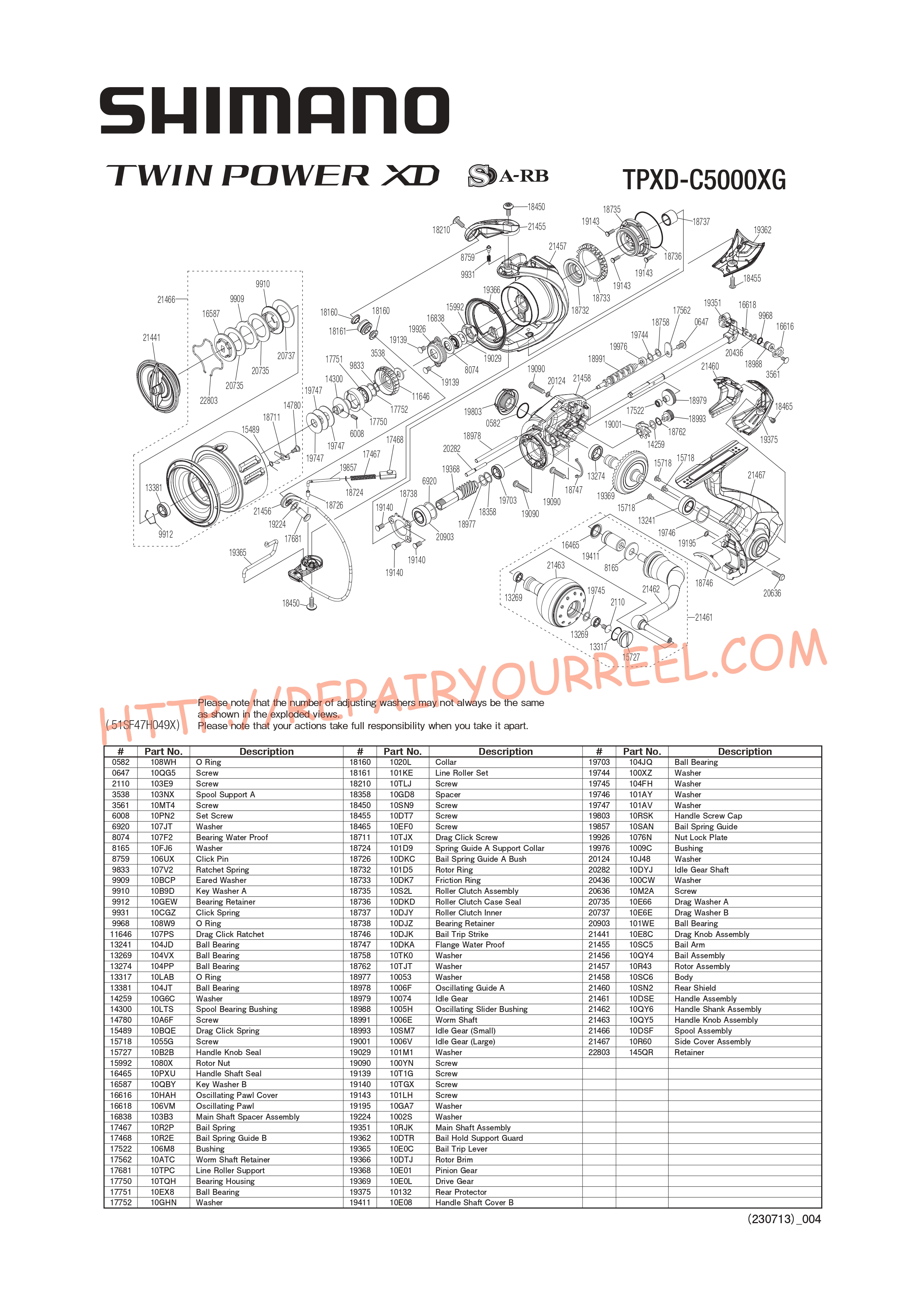 Exploded view of Shimano TWINPOWER XDC5000XGFA (2021)
