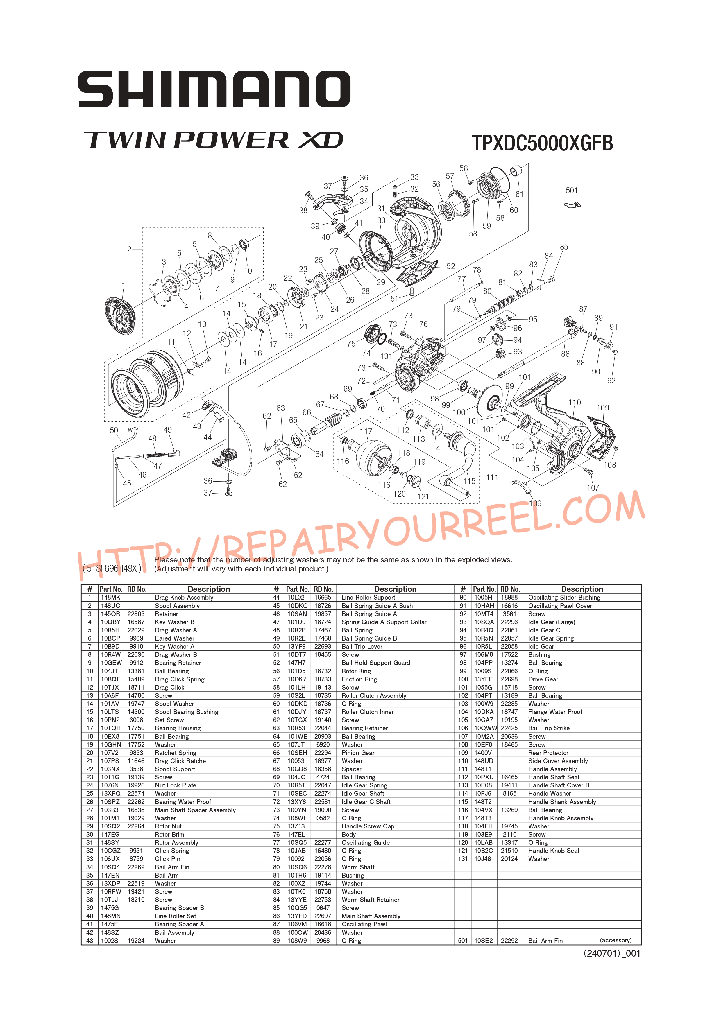 Exploded view of Shimano TWINPOWER XDC5000XGFB (2025)