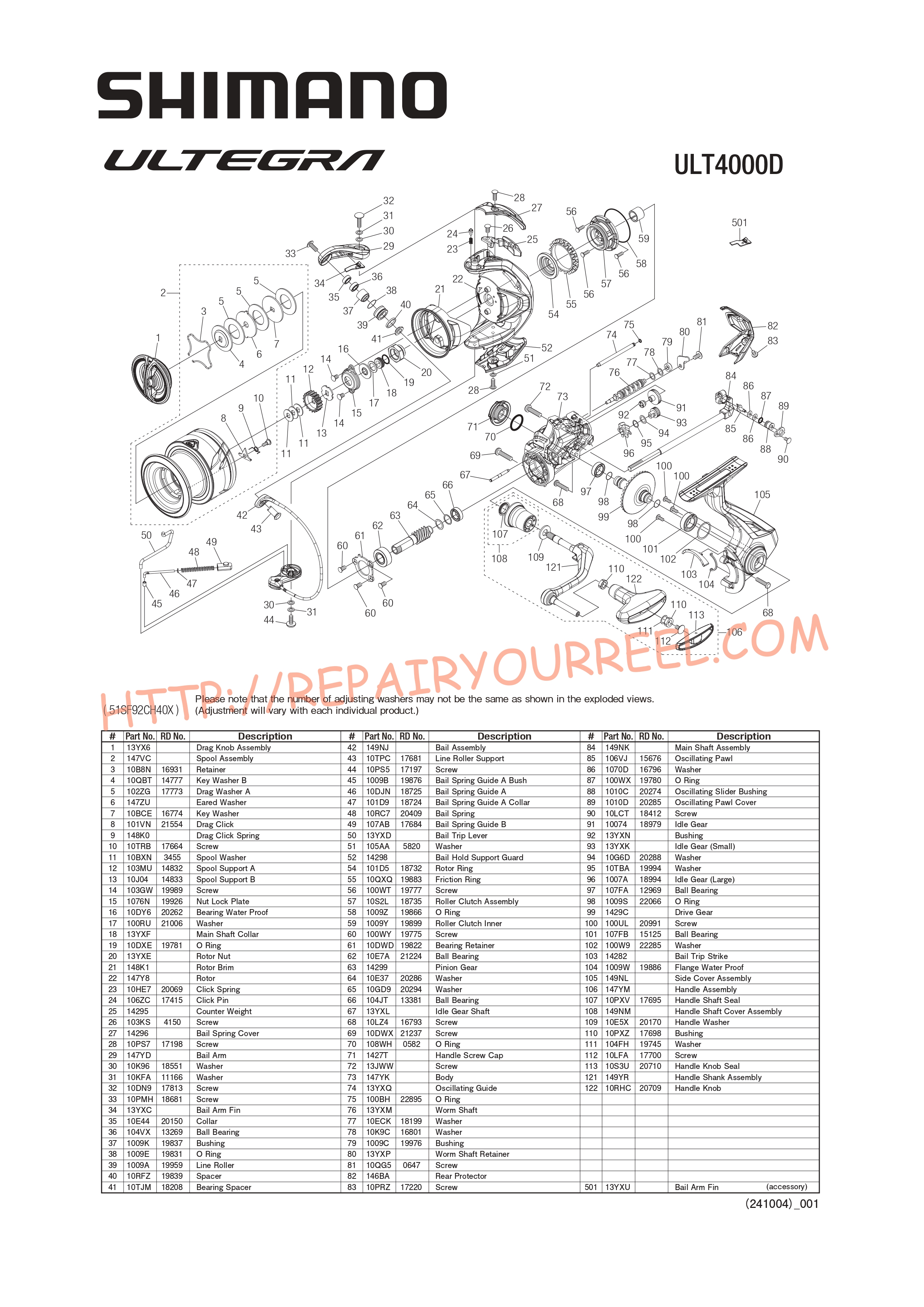 Exploded view of Shimano ULTEGRA 4000FD (2025)