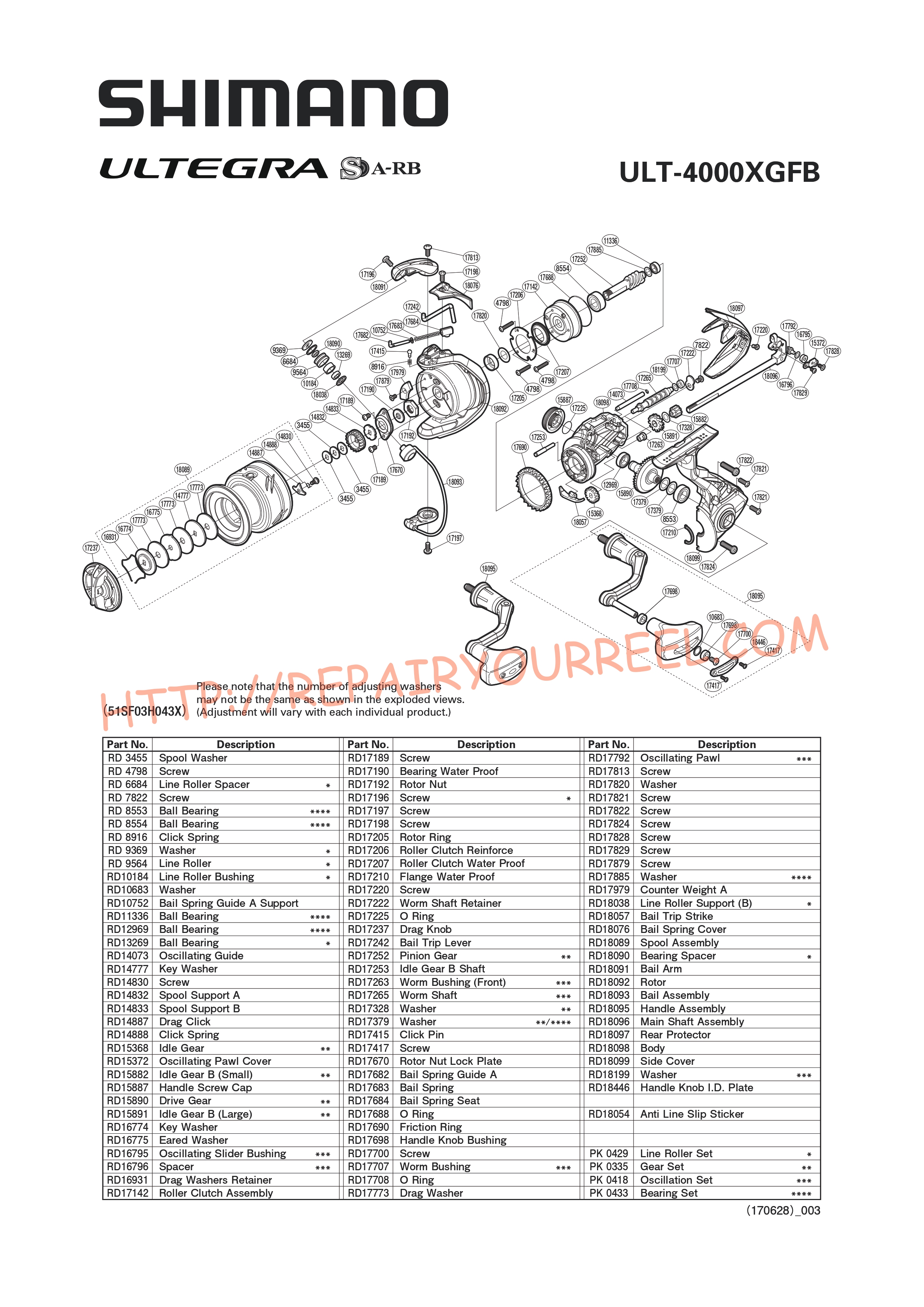 Exploded view of Shimano ULTEGRA 4000XGFB (2017)