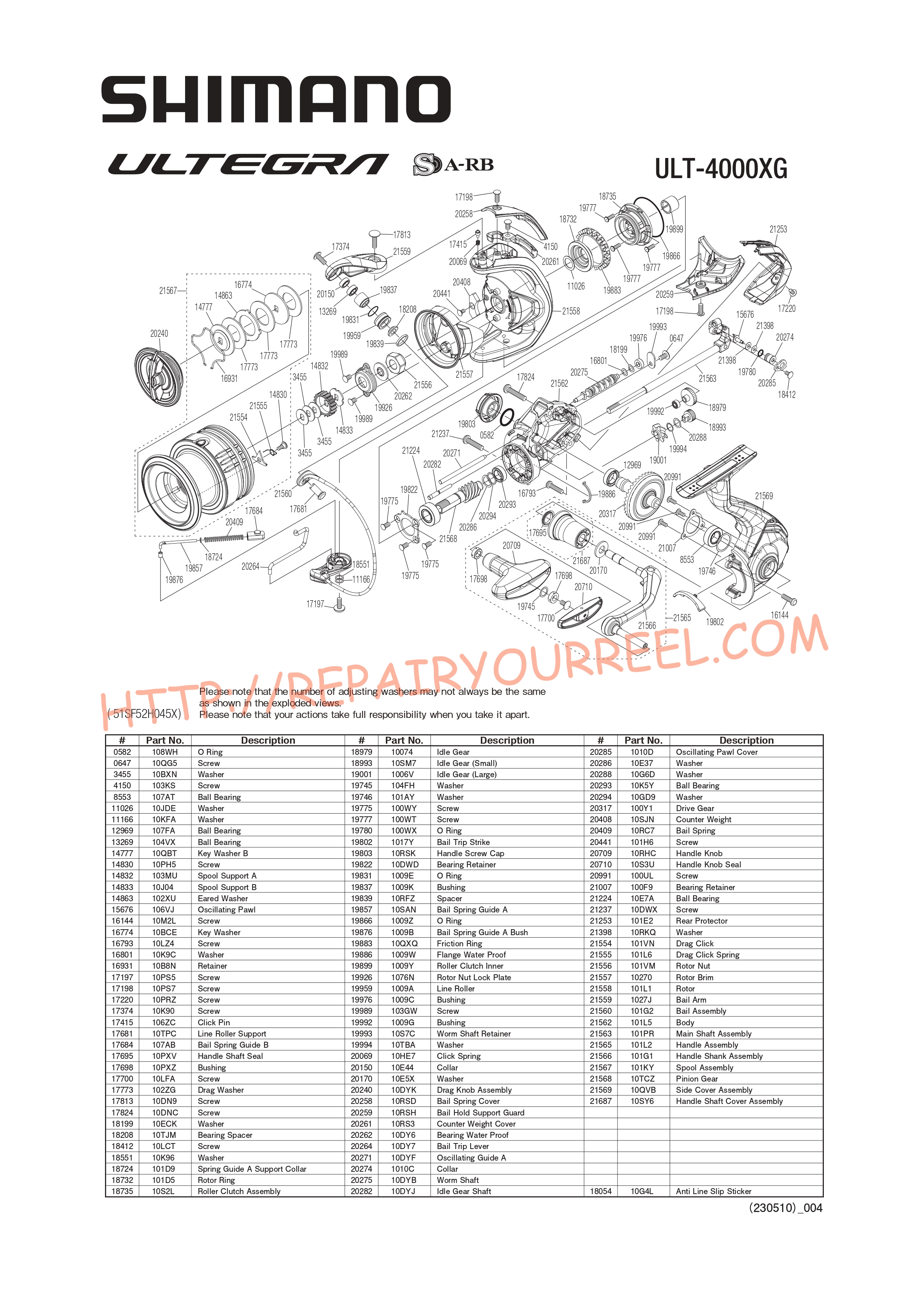 Exploded view of Shimano ULTEGRA 4000XGFC (2021)