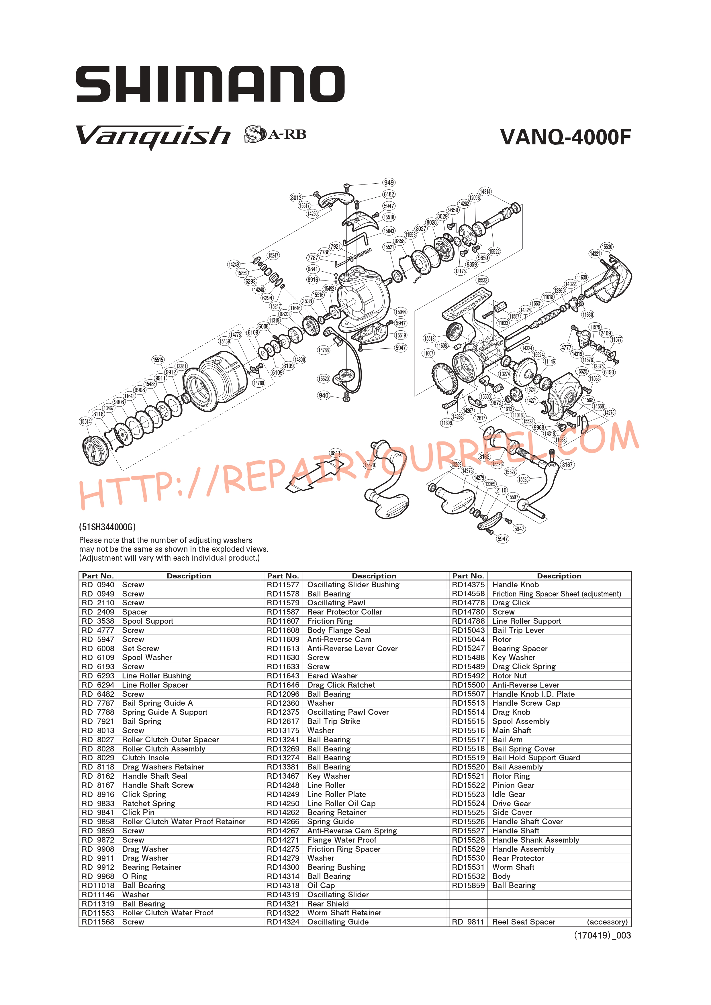 Exploded view of Shimano VANQUISH 4000F (2012)