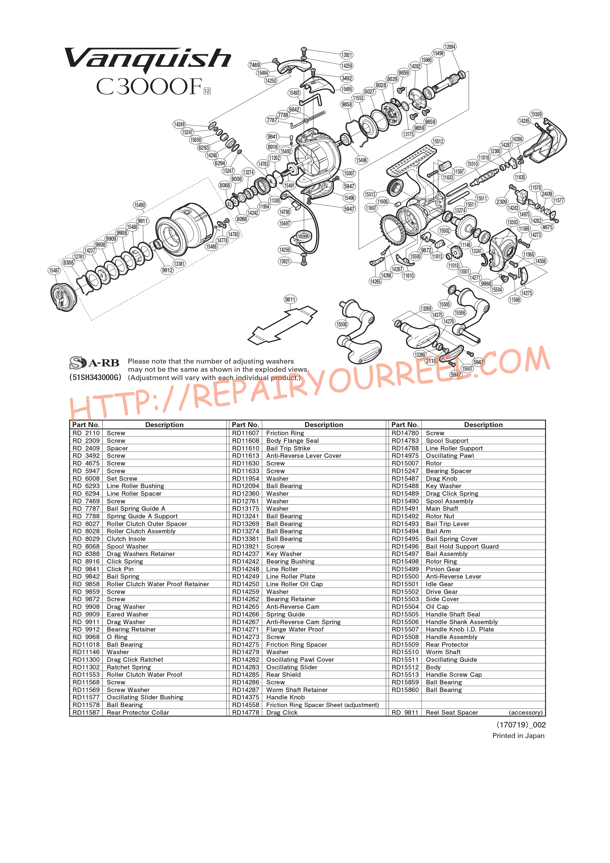 Exploded view of Shimano VANQUISH C3000F (2012)