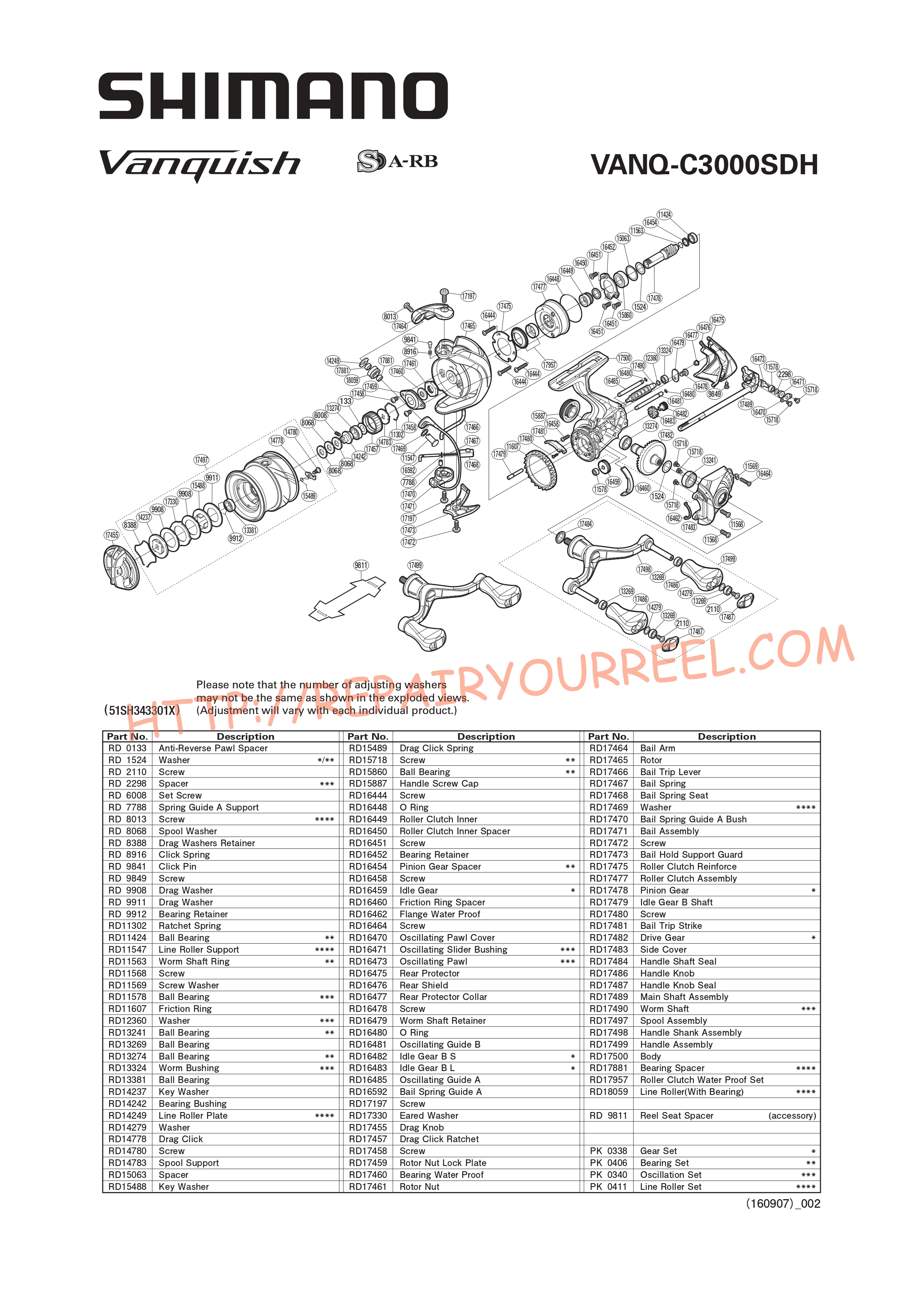 Exploded view of Shimano VANQUISH C3000SDH (2016)