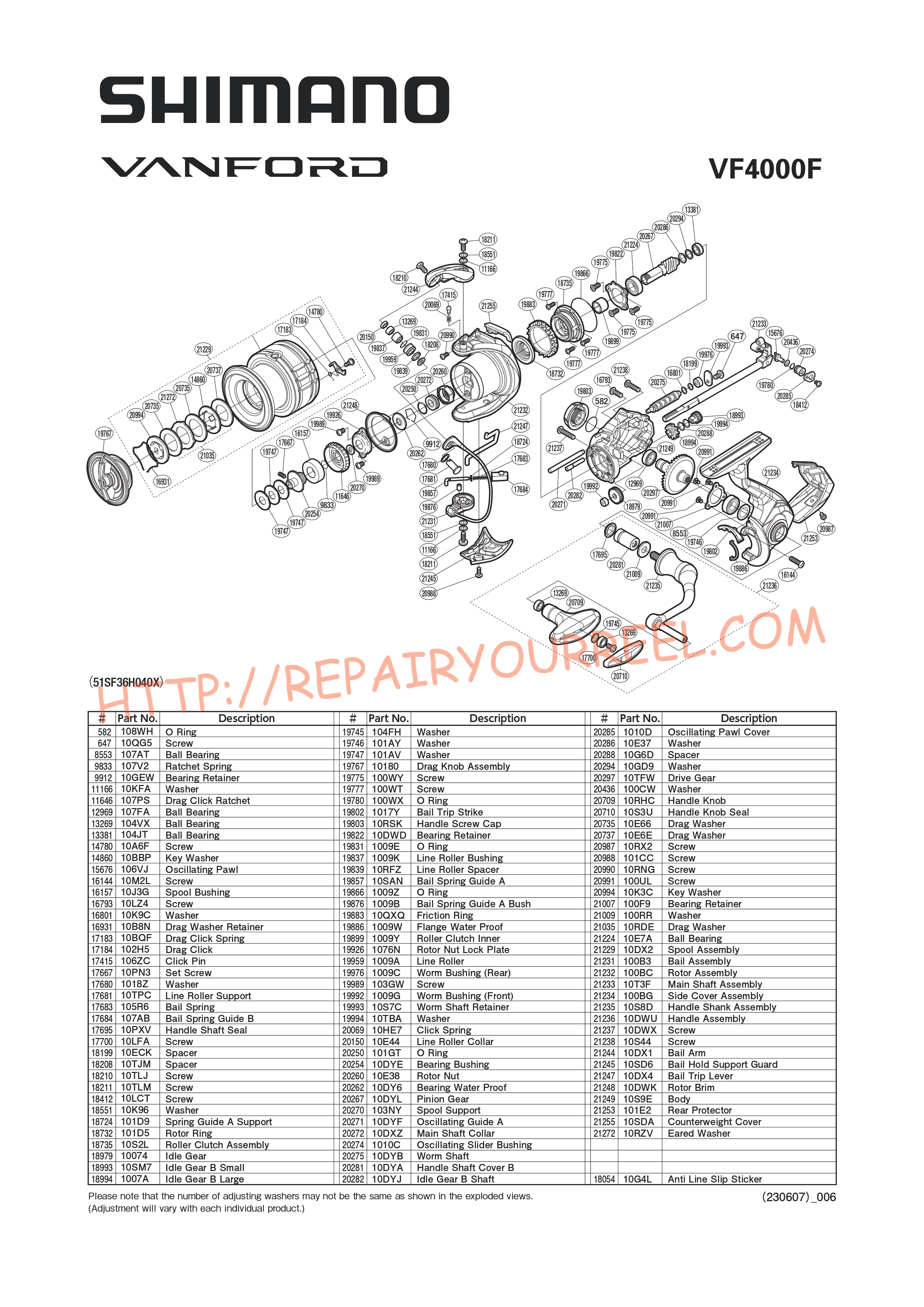 Exploded view of Shimano VANFORD 4000F (2020)