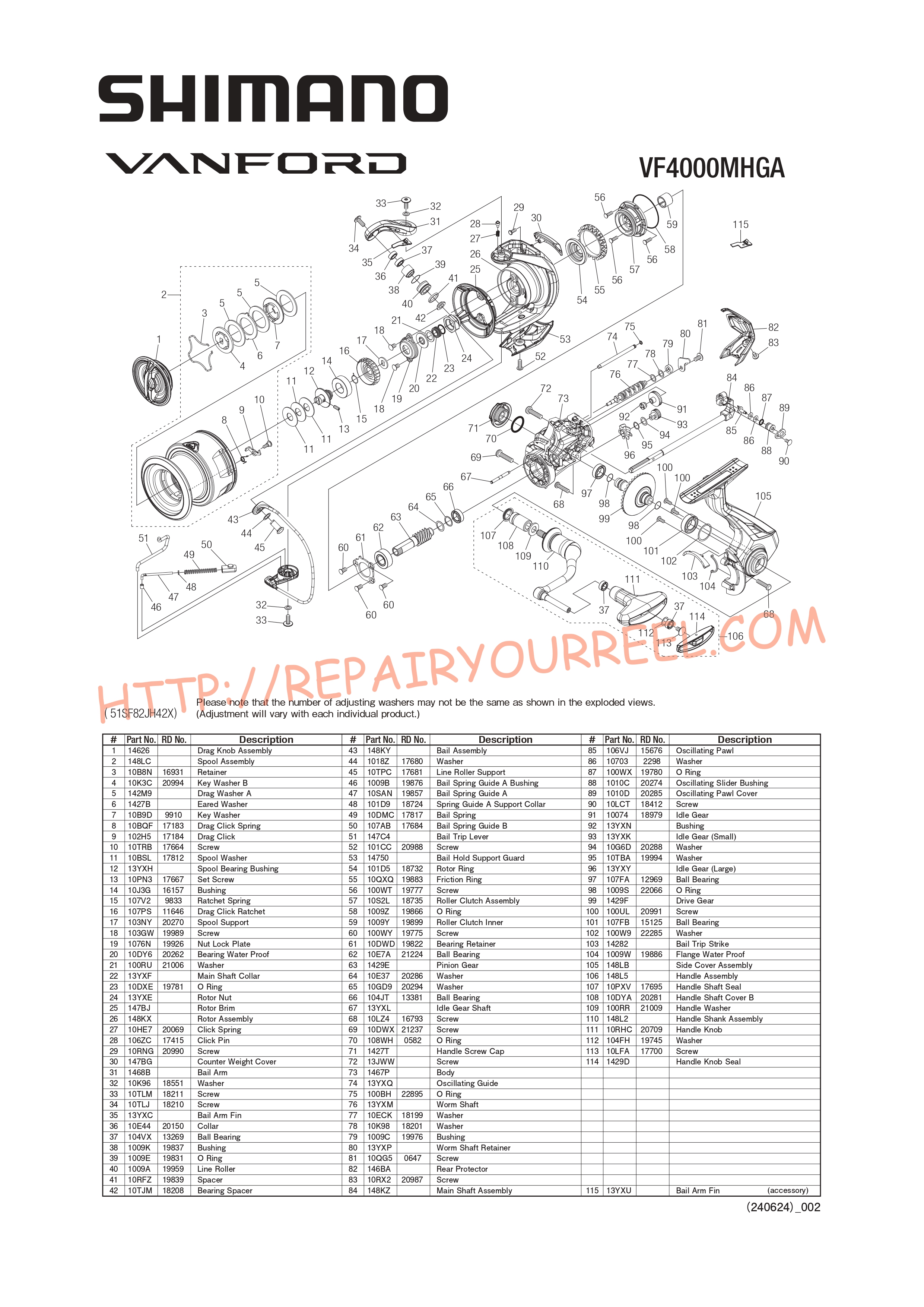Exploded view of Shimano VANFORD 4000MHGA (2024)