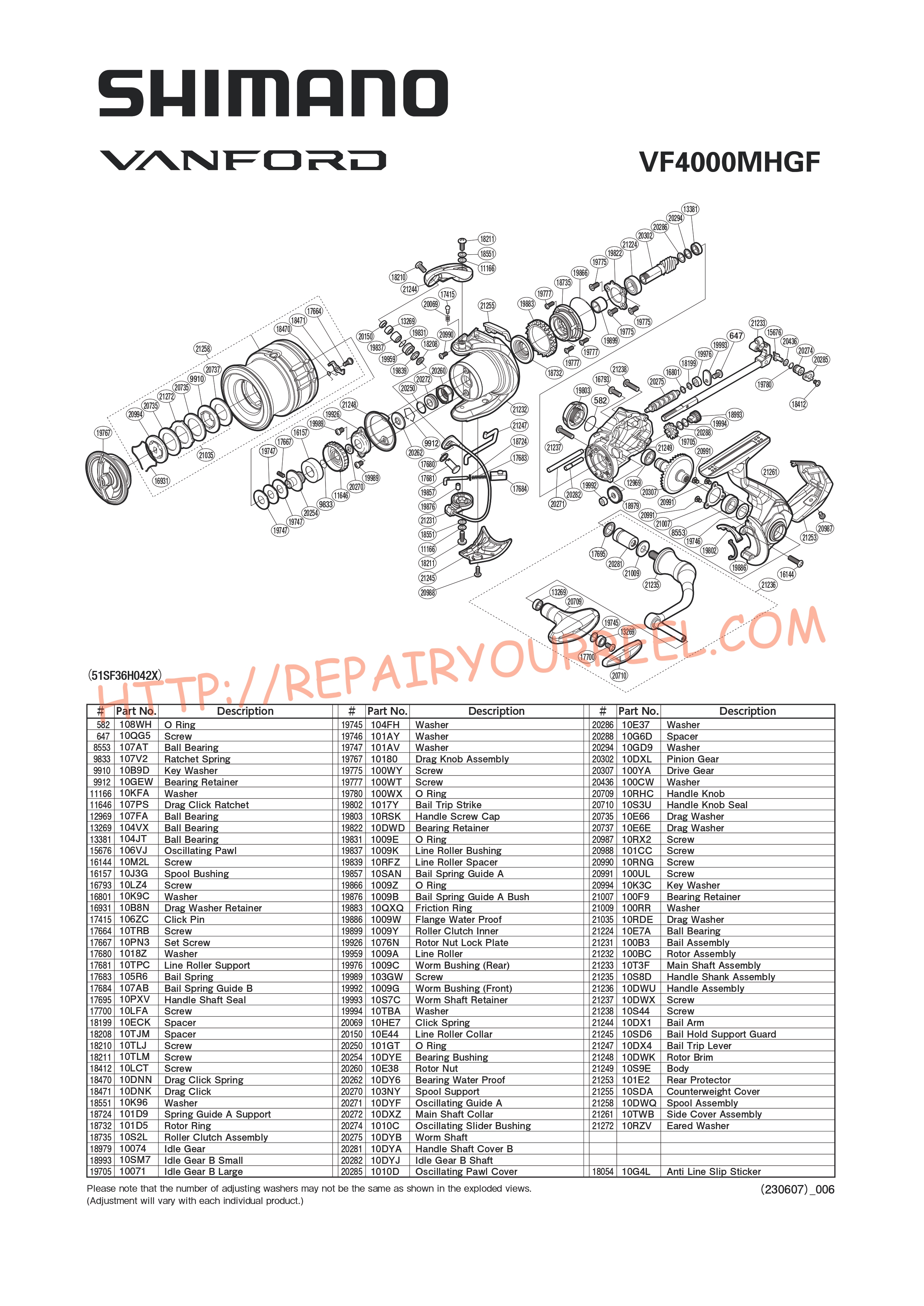 Exploded view of Shimano VANFORD 4000MHGF (2020)