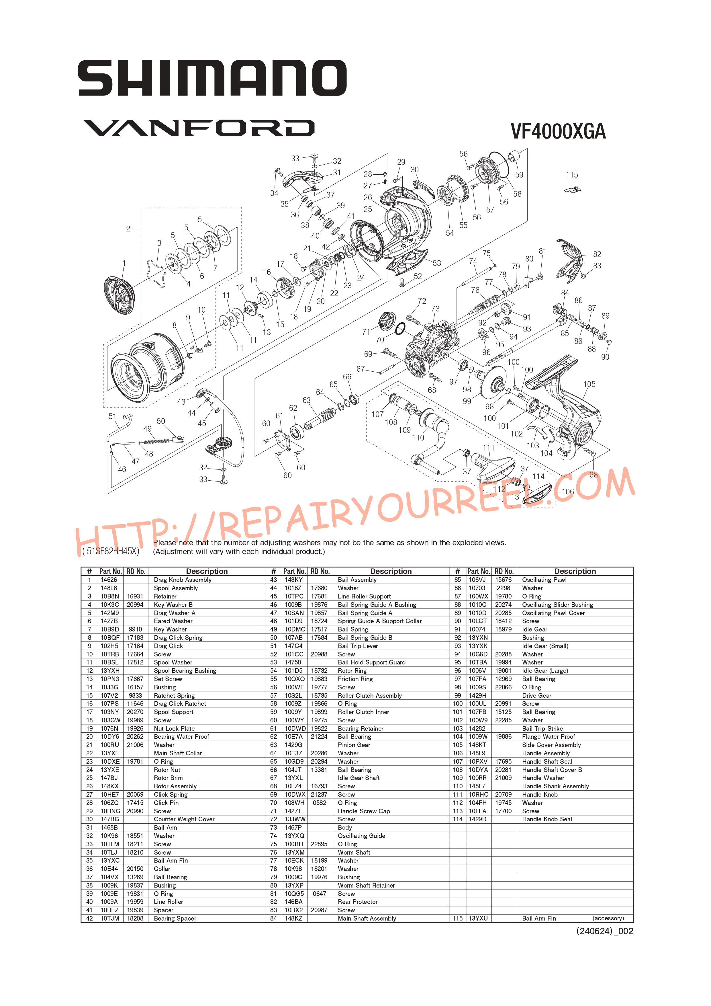 Exploded view of Shimano VANFORD 4000XGA (2024)