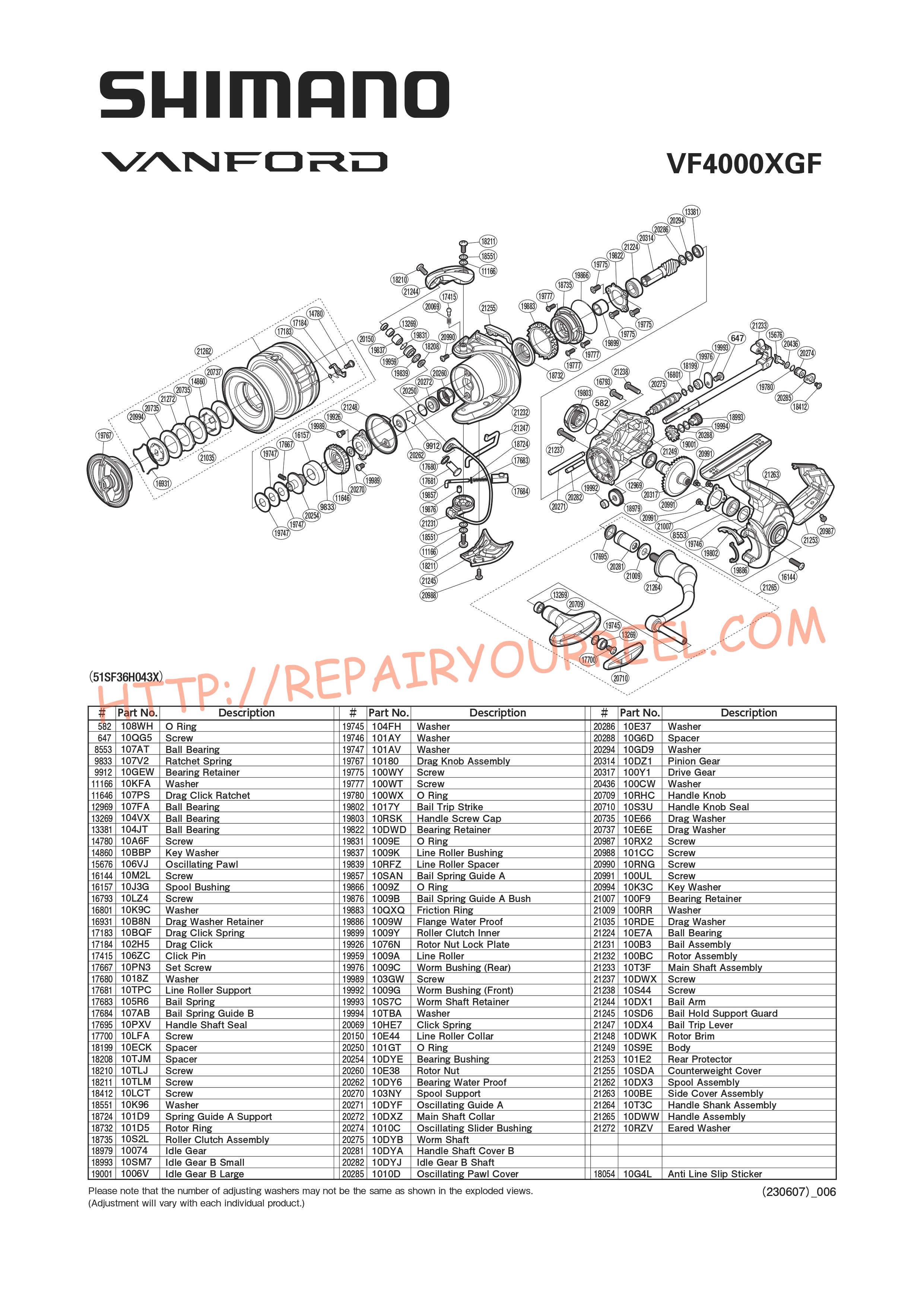Exploded view of Shimano VANFORD 4000XGF (2020)