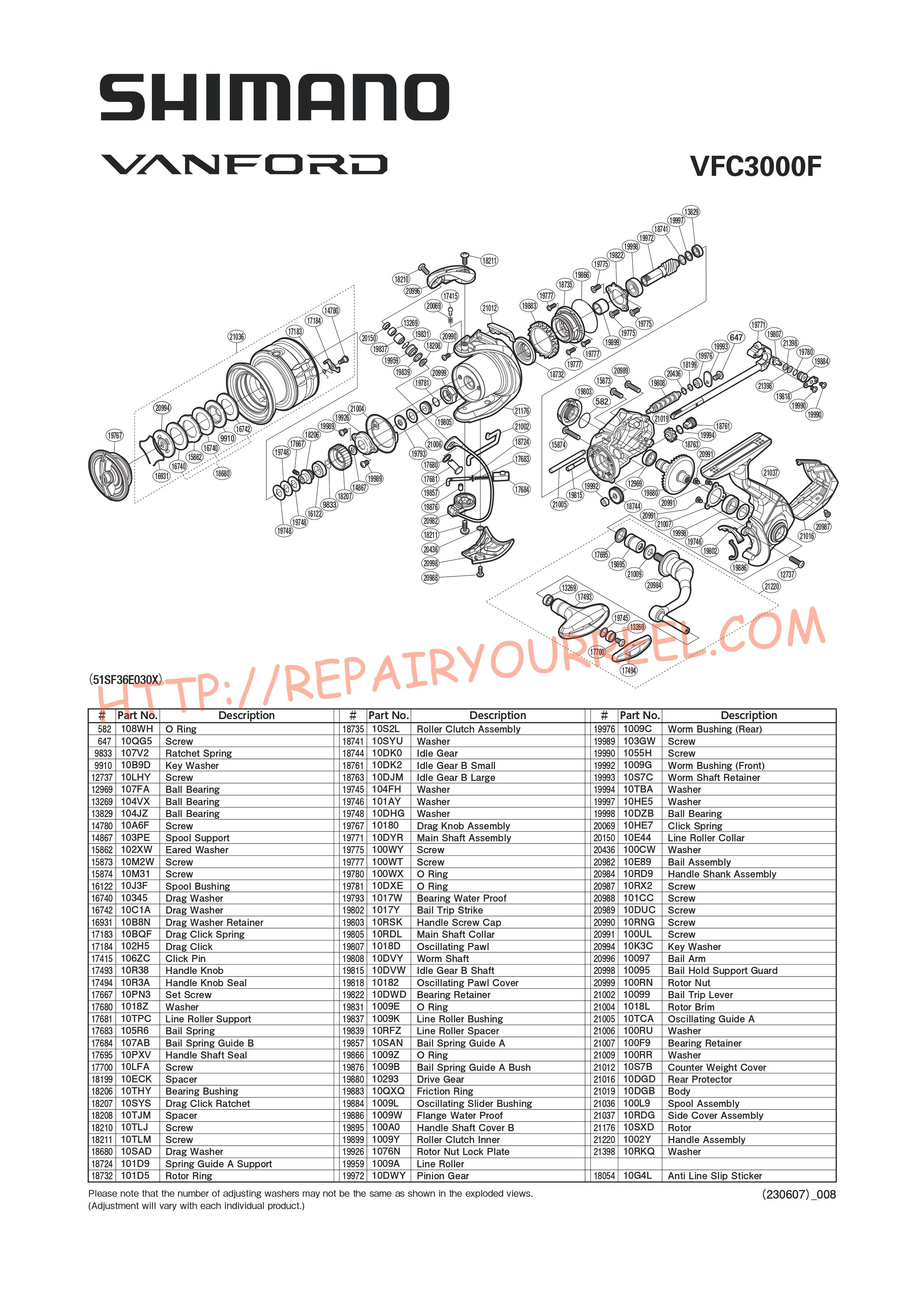 Exploded view of Shimano VANFORD C3000F (2020)
