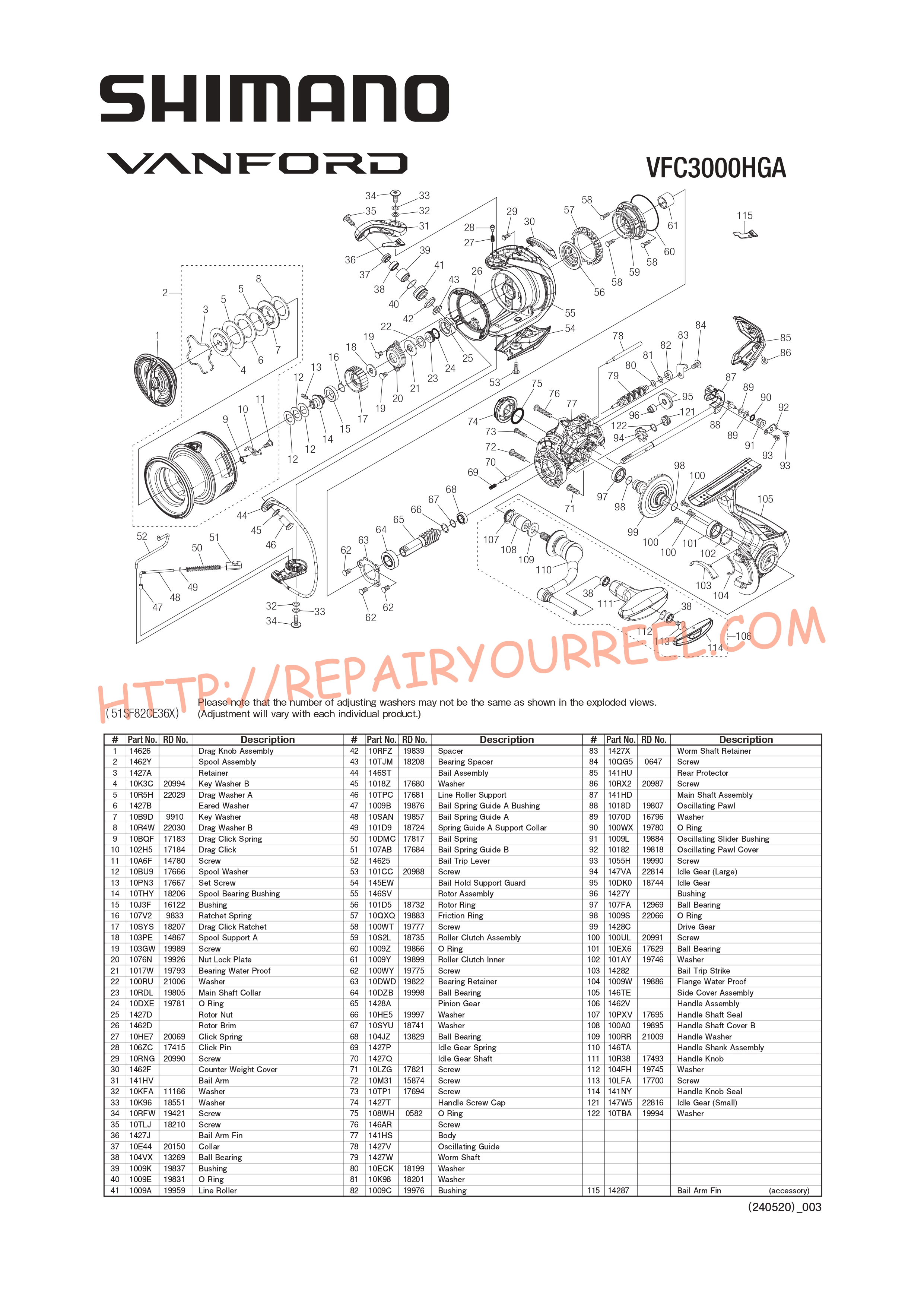 Exploded view of Shimano VANFORD C3000HGA (2024)