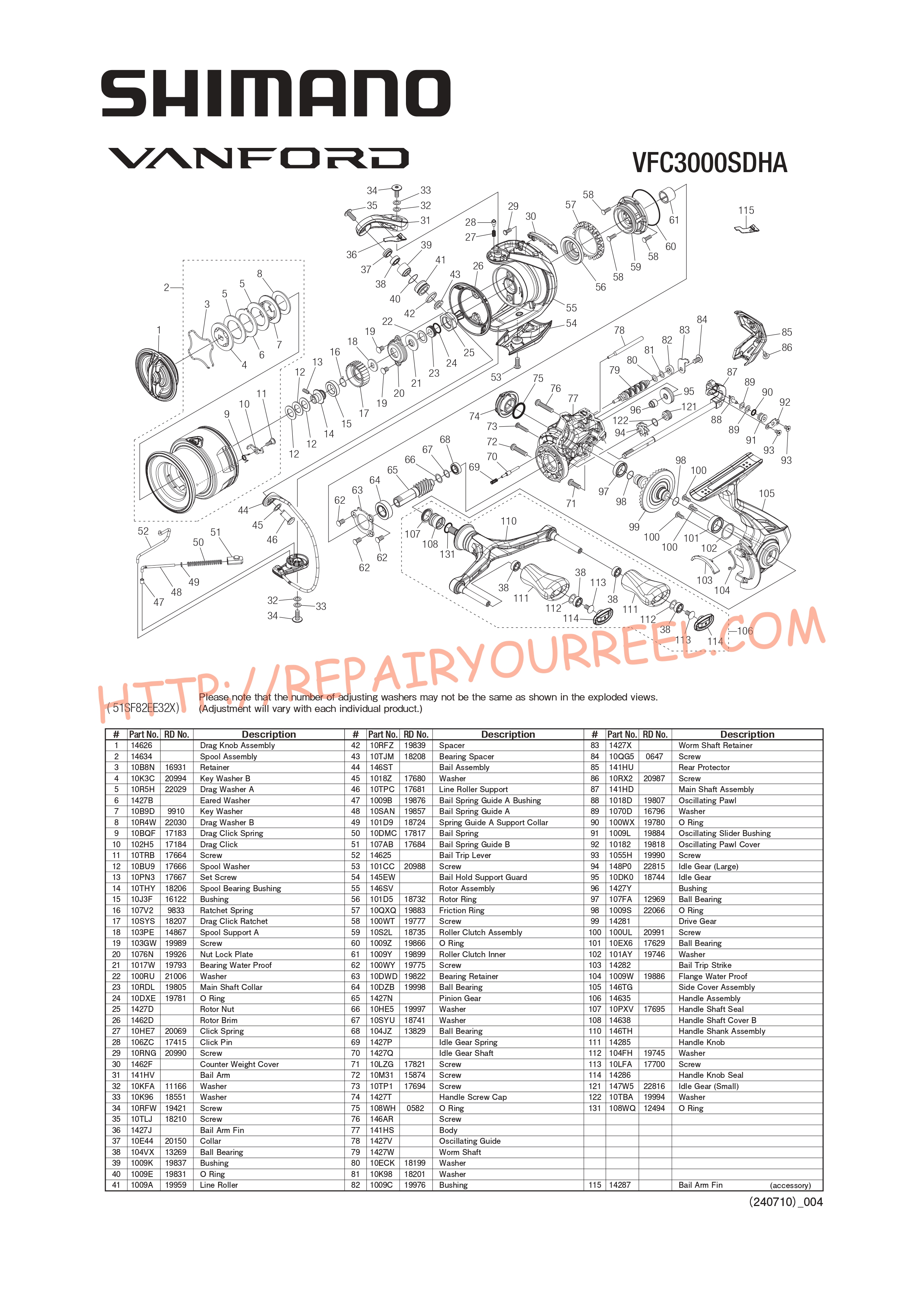 Exploded view of Shimano VANFORD C3000SDHA (2024)