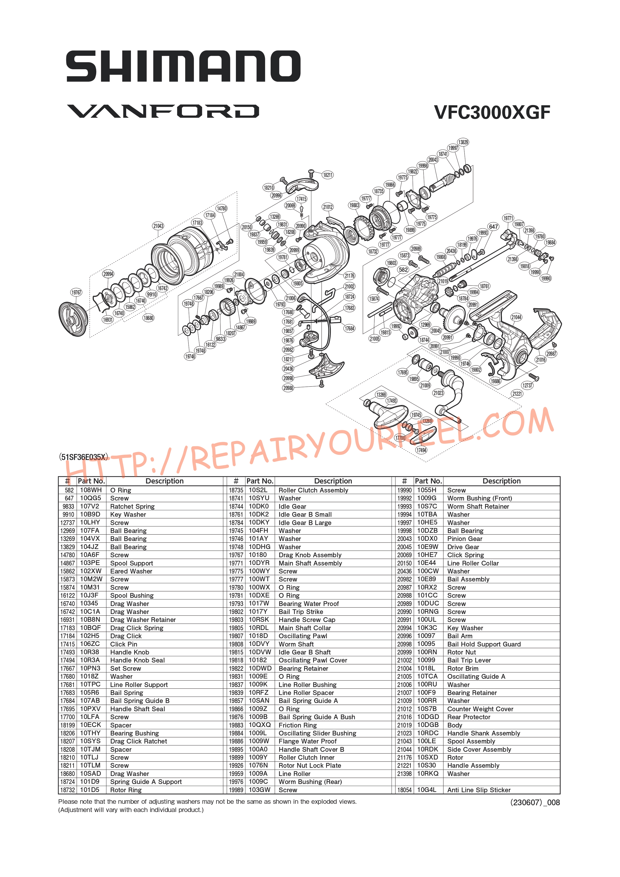 Exploded view of Shimano VANFORD C3000XGF (2020)