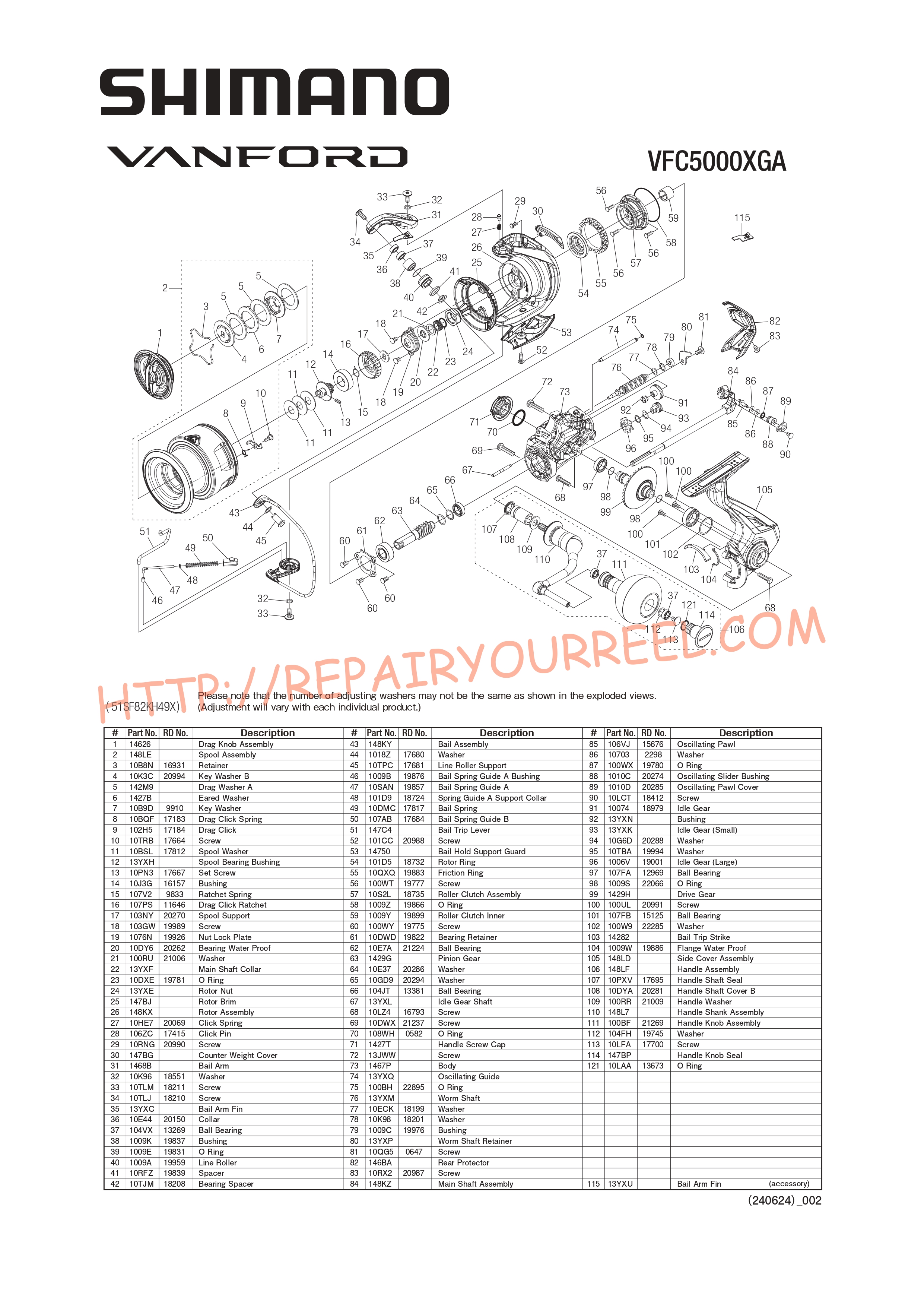 Exploded view of Shimano VANFORD C5000XGA (2024)