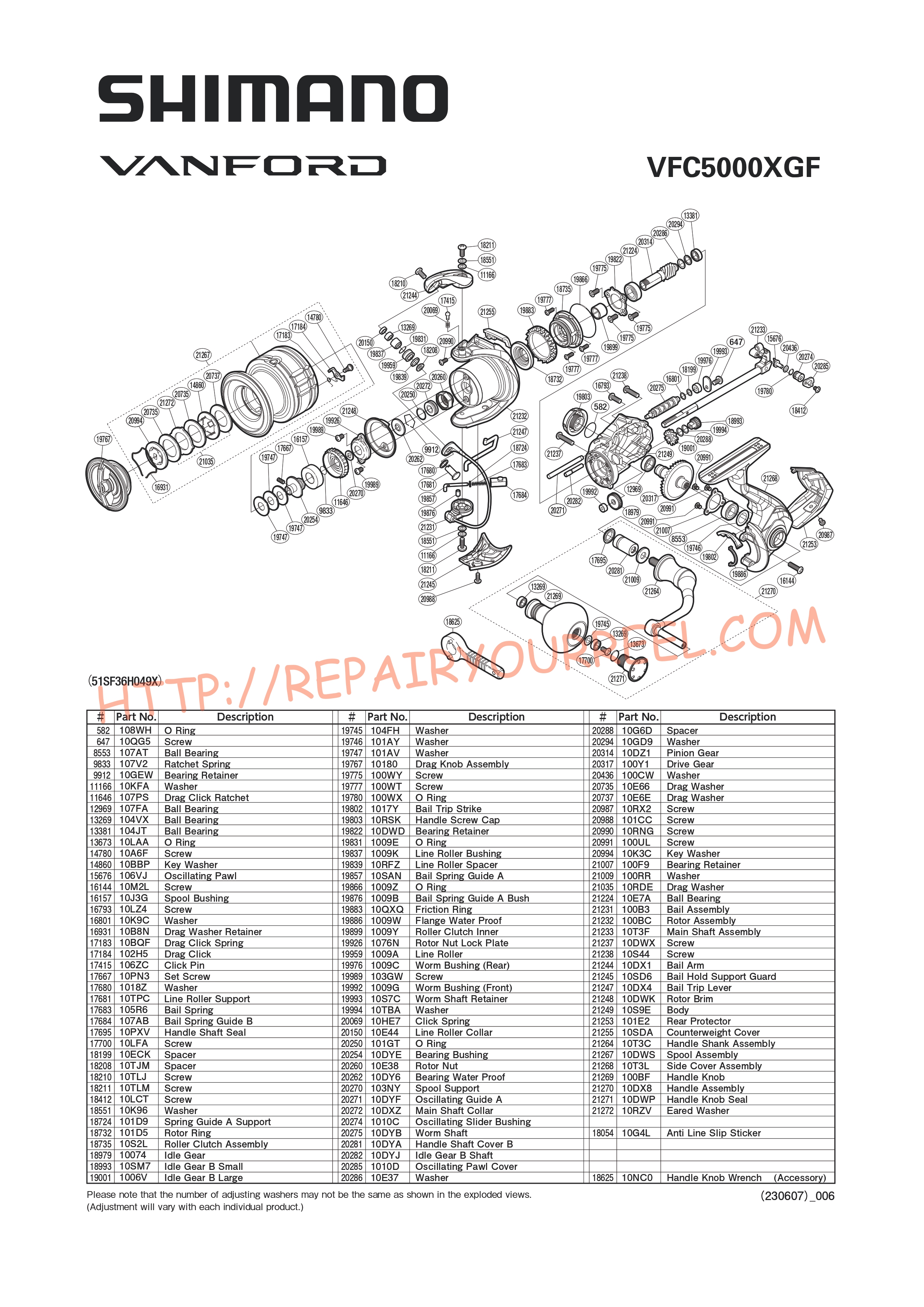 Exploded view of Shimano VANFORD C5000XGF (2020)