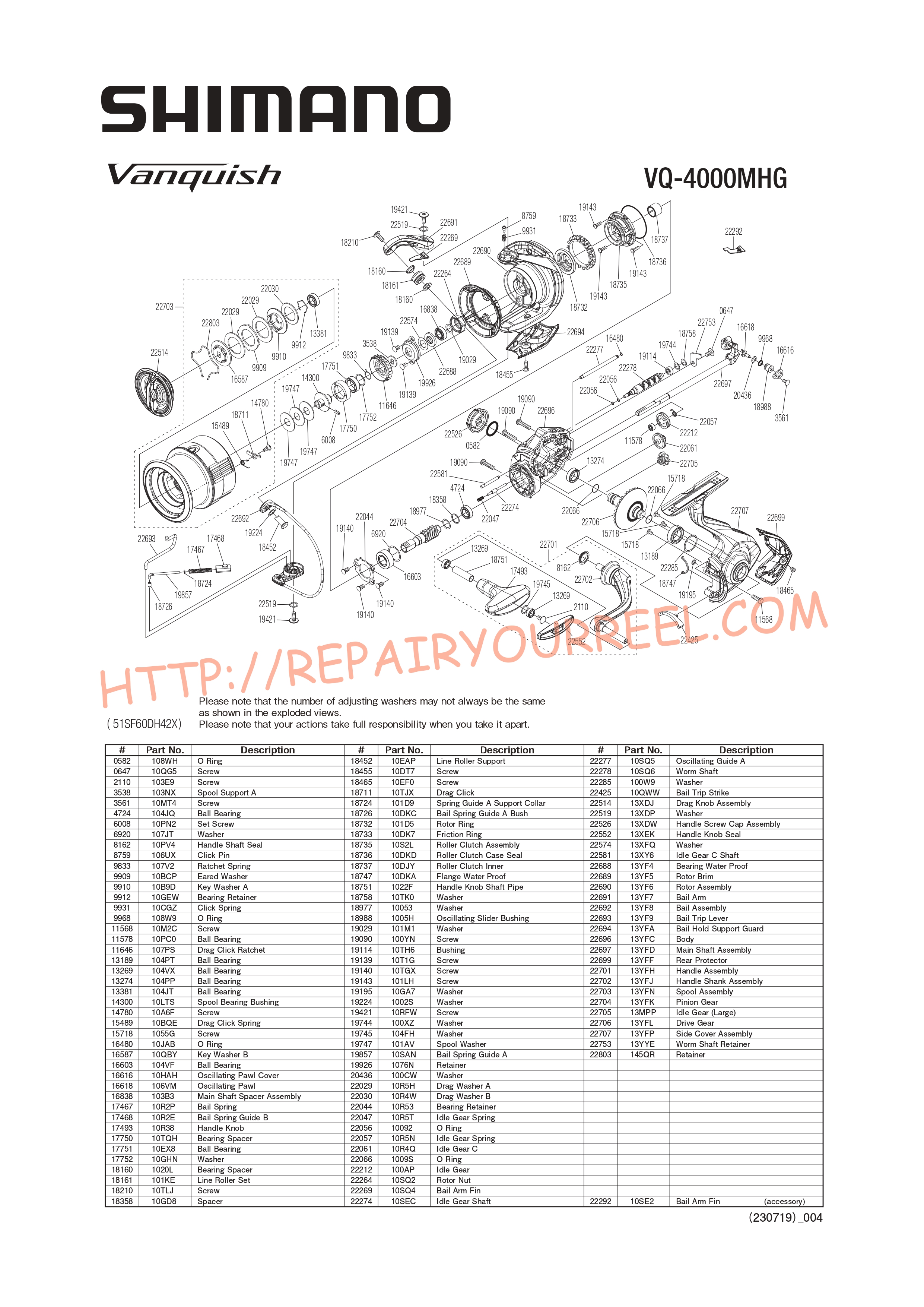 Exploded view of Shimano VANQUISH 4000MHGC (2023)