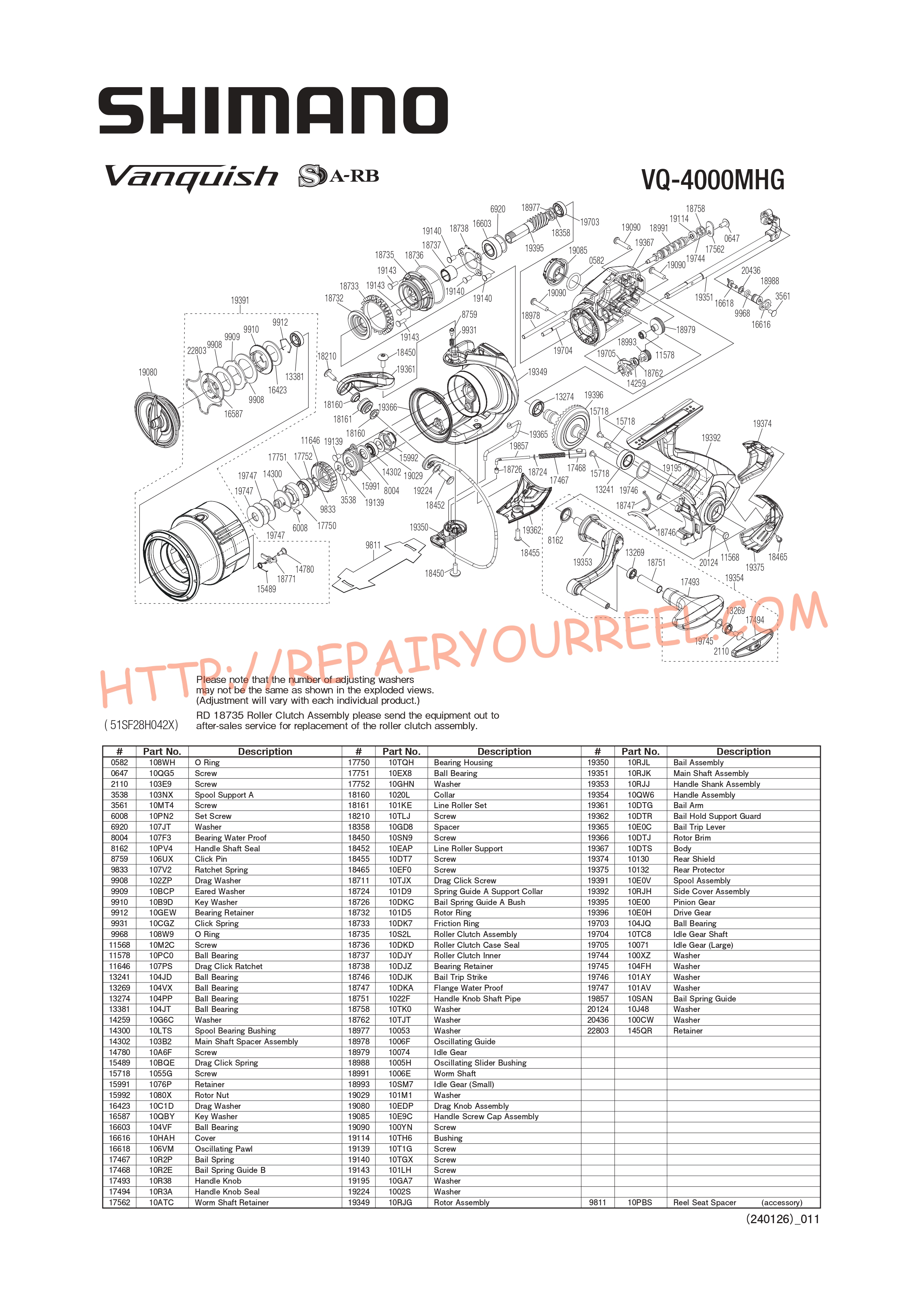 Exploded view of Shimano VANQUISH 4000MHGFB (2019)