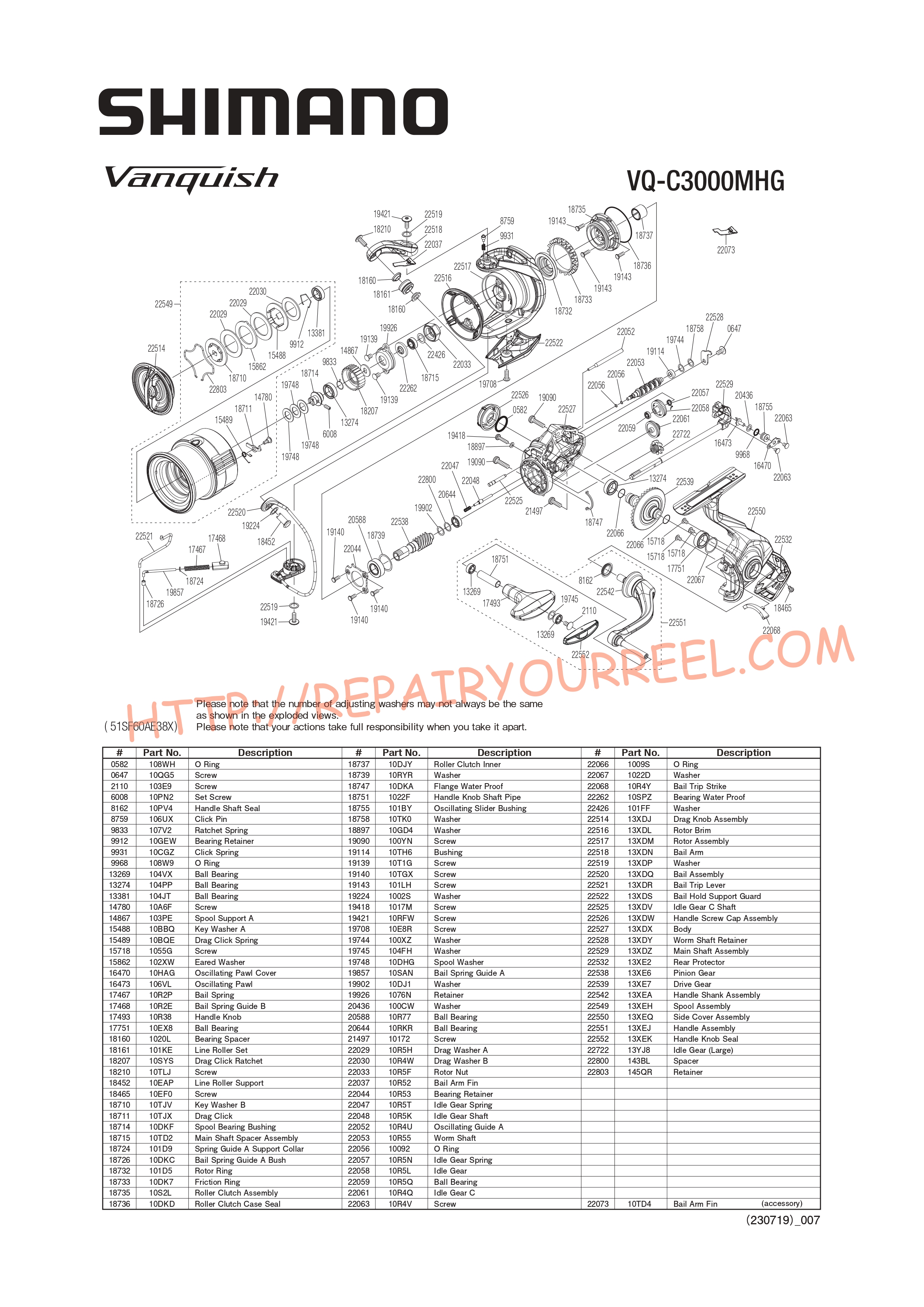 Exploded view of Shimano VANQUISH C3000MHGC (2023)