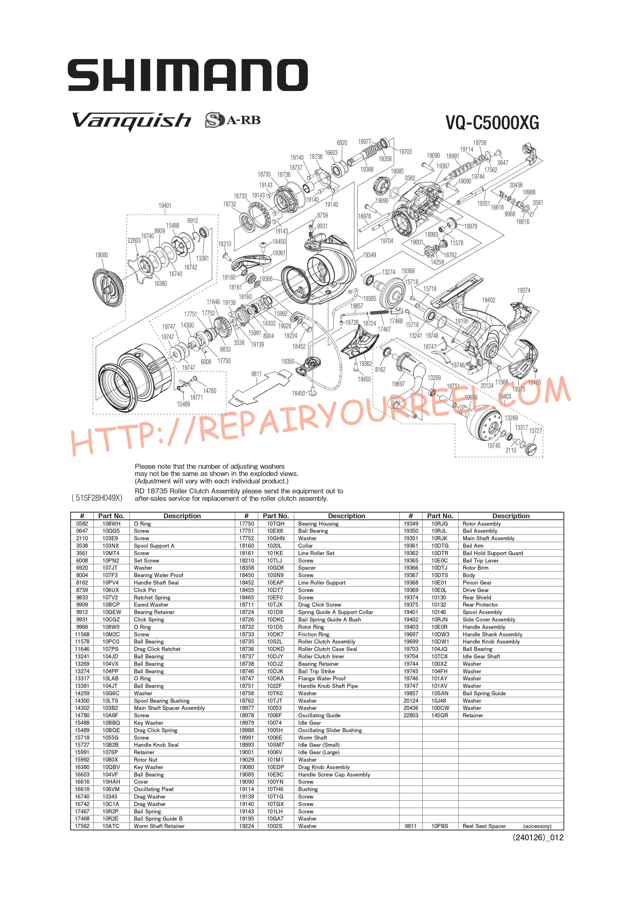 Exploded view of Shimano VANQUISH C5000XGFB (2019)
